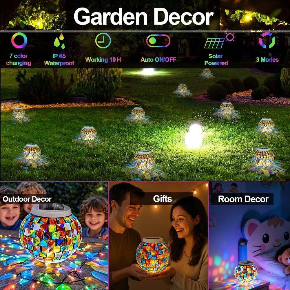 Aukora color-changing solar-powered glass ball garden light on a table, illuminating with vibrant hues during the evening.
