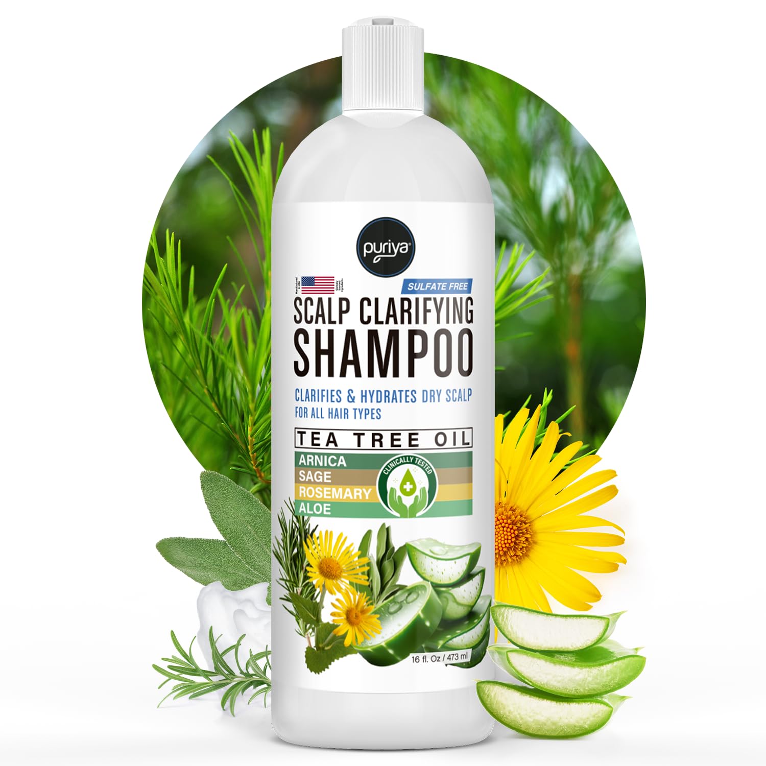 Puriya Tea Tree Clarifying Shampoo. Plant Rich Dry Itchy Scalp - Product Imagery