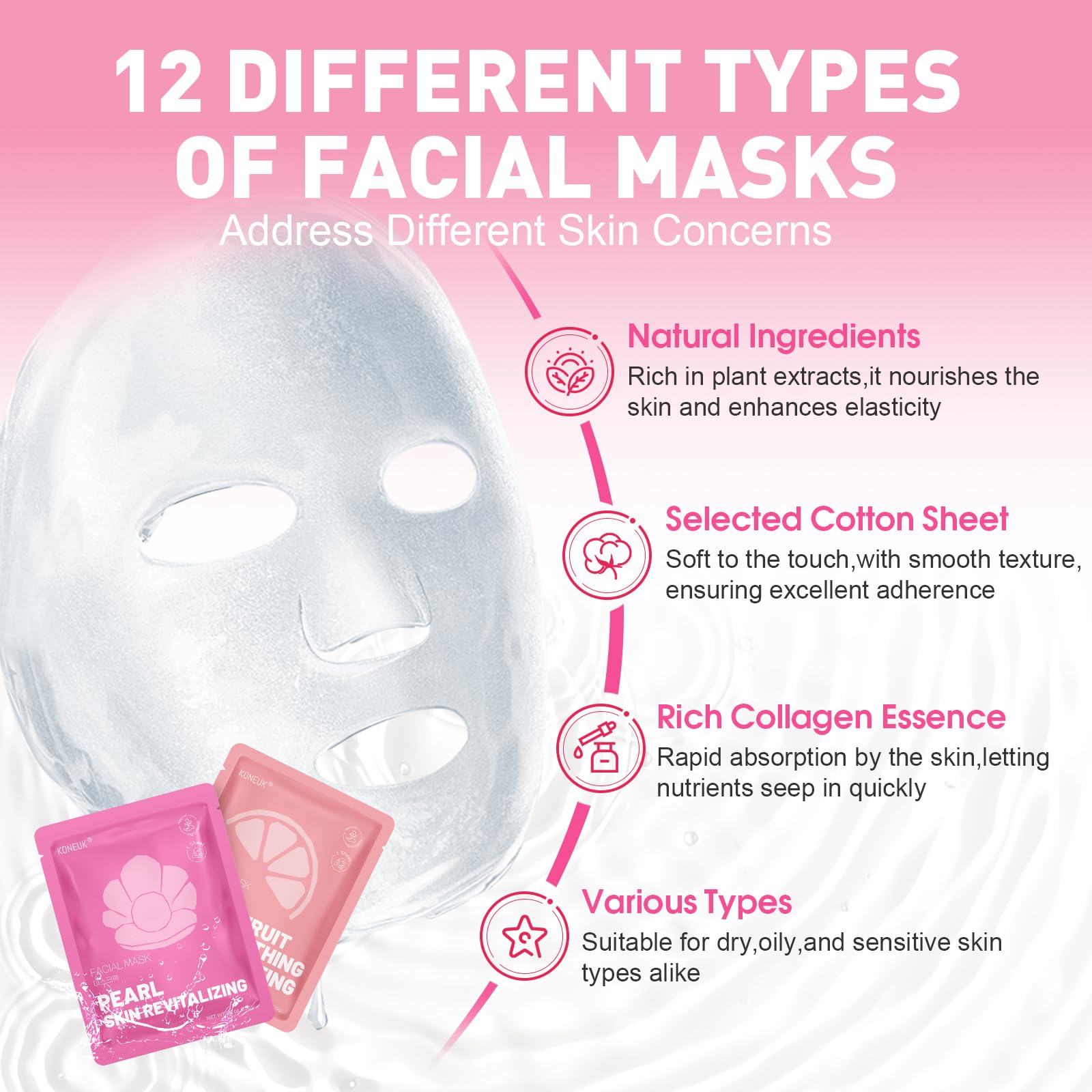 12 Pack Collagen Hydrating Face Masks Skincare, Face Mask for - KONEUK