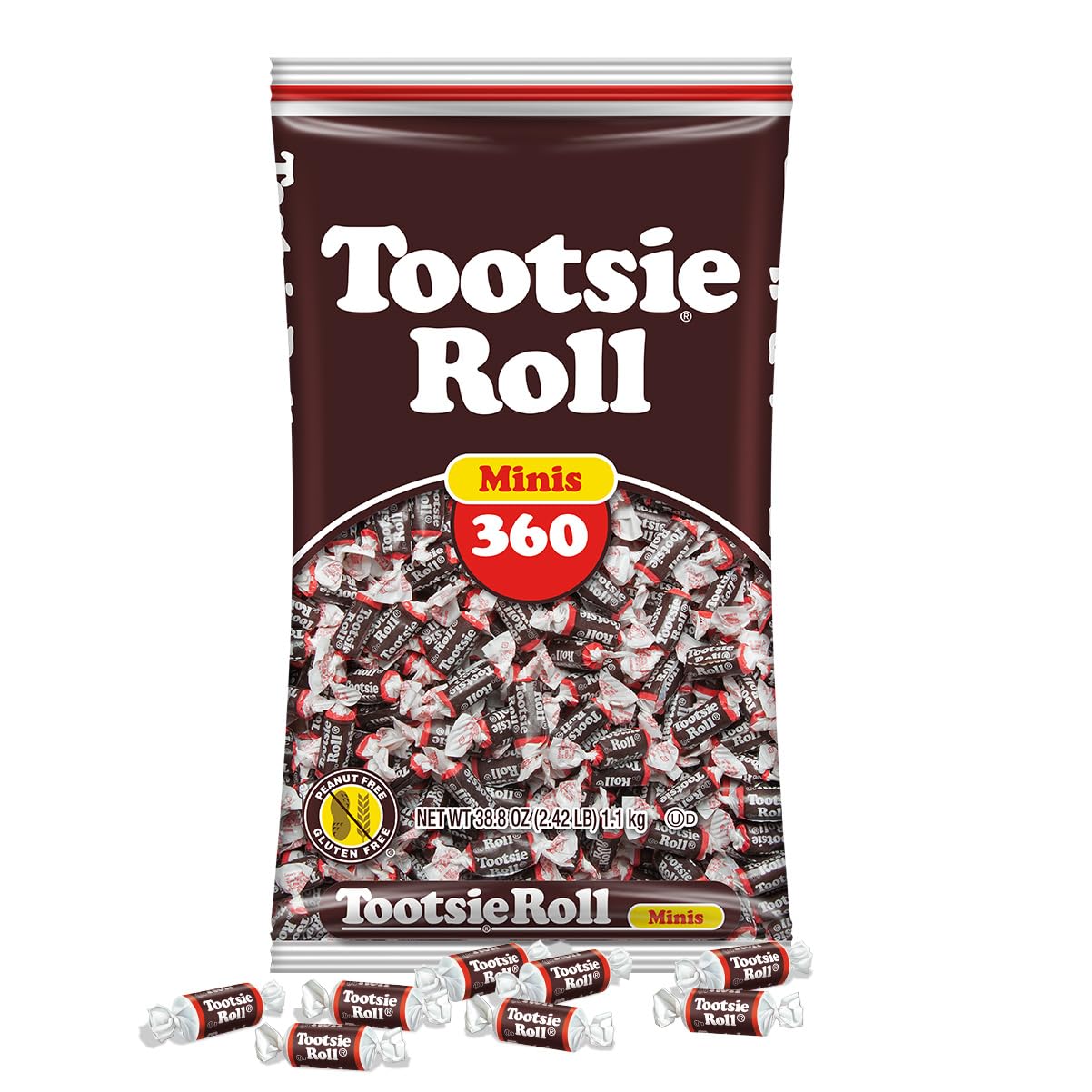 Tootsie Roll Minis, Chewy Chocolate Candy, 360 Count, 38.8oz Bag - Product Imagery