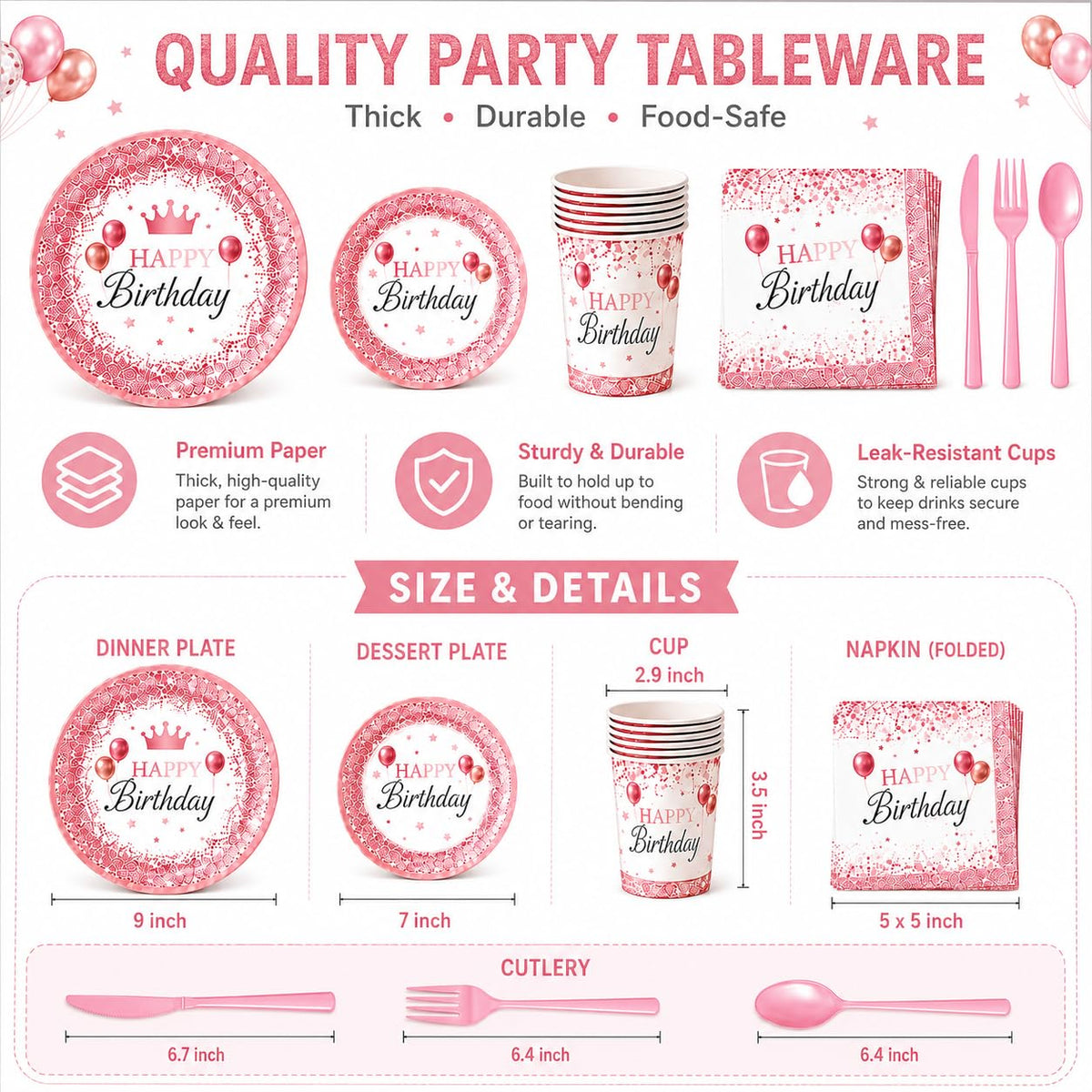 212Pcs Pink Birthday Party Supplies Set Disposable Plates - ZIRICHER Official Imagery - 4