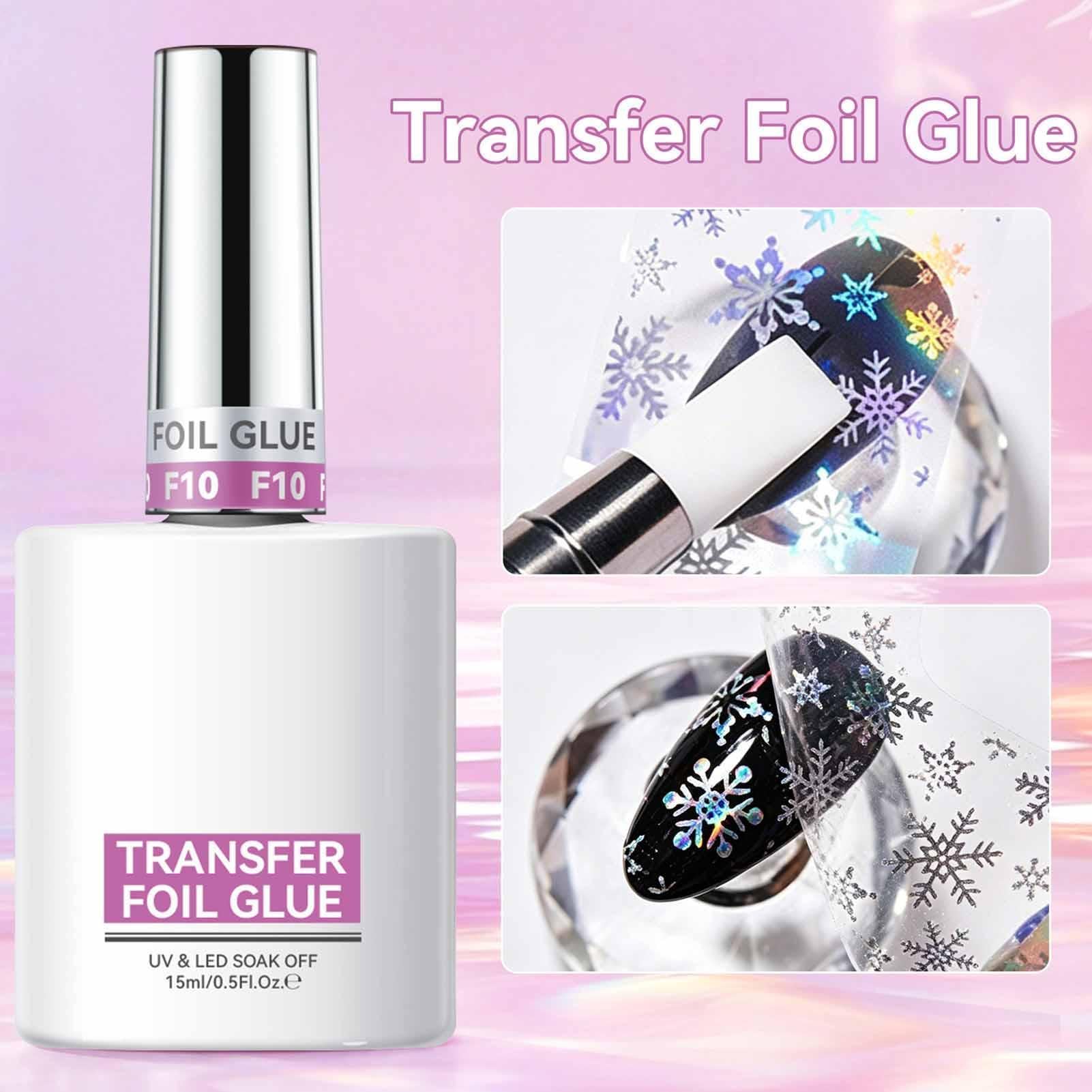 Close-up of a nail foil gel transfer with a smooth application on a resin base, showing the fine brush and glossy finish.