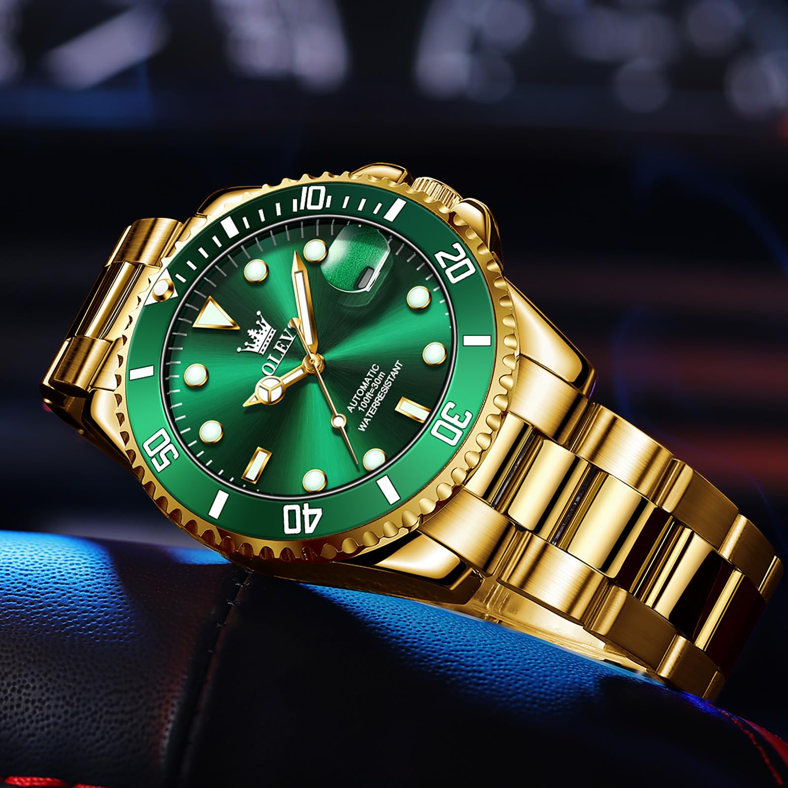OLEVS Men's Luxury Gold Automatic Watch Green Dial Luminous