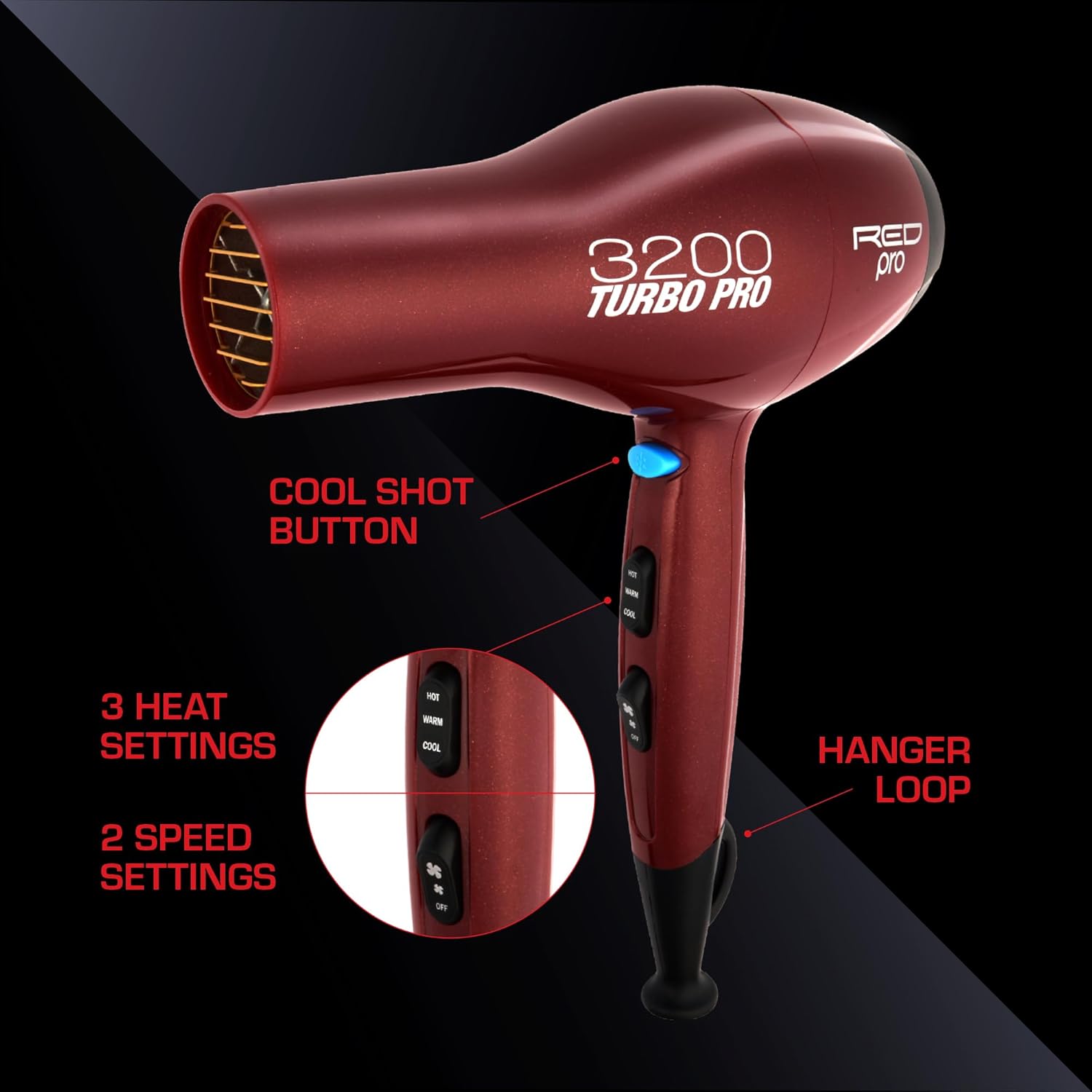 RED Pro 3200 Turbo Pro Detangler AC hair dryer with 3 heat and 2 speed settings, featuring a sleek design and ergonomic handle.