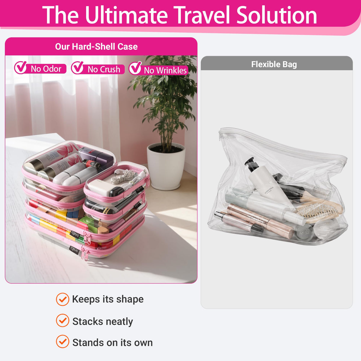 Clear Hard Shell Zipper Cases 6 Multi Size Organizers Pink - YQBRAO Official Imagery - 4