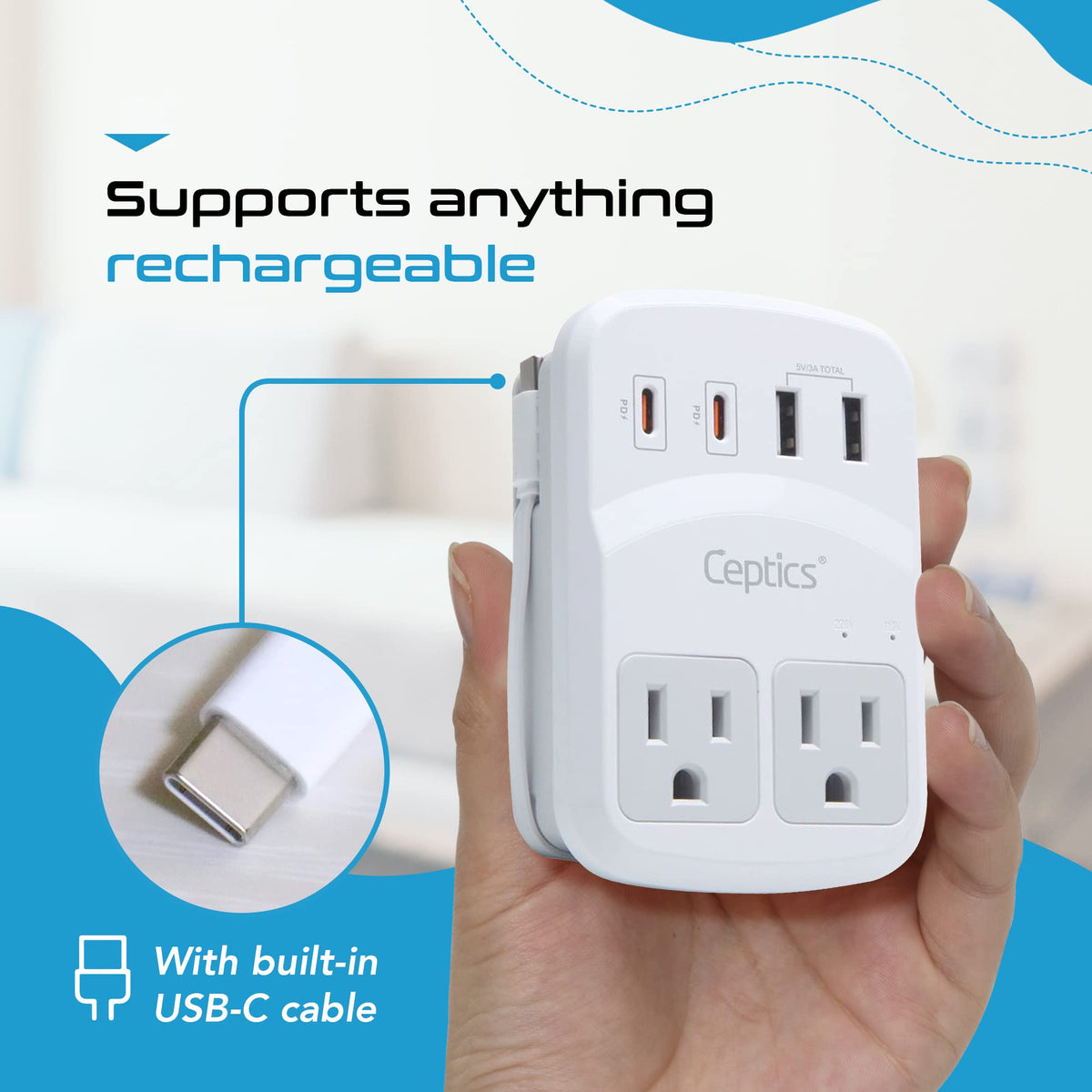 Ceptics World Travel Adapter Kit 2 USB A USB C US Outlets - Ceptics Official Imagery - 6