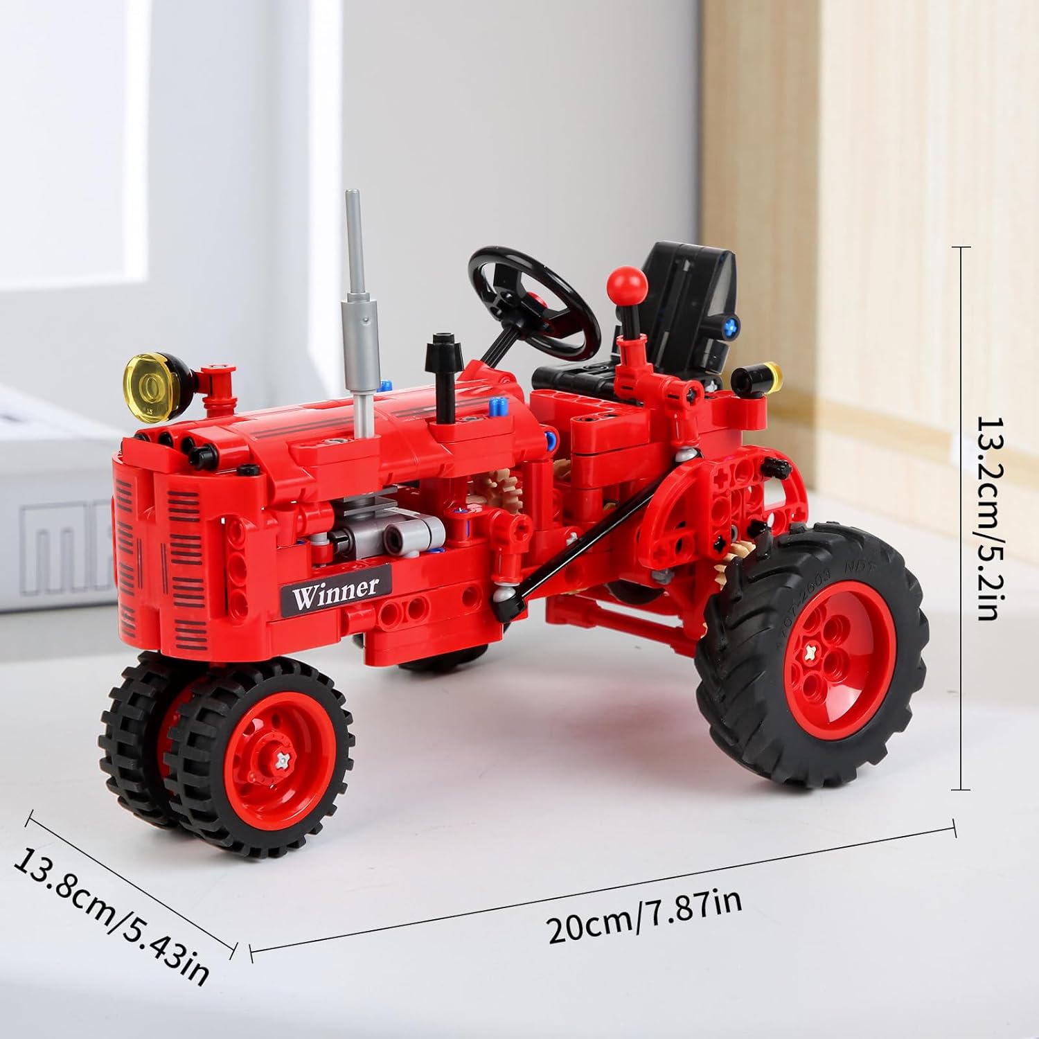 WanJJXW Classic 1/12 red tractor building blocks set for kids, farm tractor construction toy with detailed brick design.