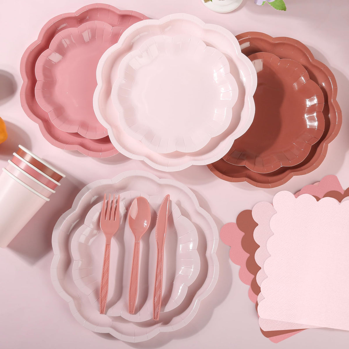 AimFun 168 Pcs Dusty Pink Paper Plates and Napkins for 24 - AimFun Official Imagery - 3