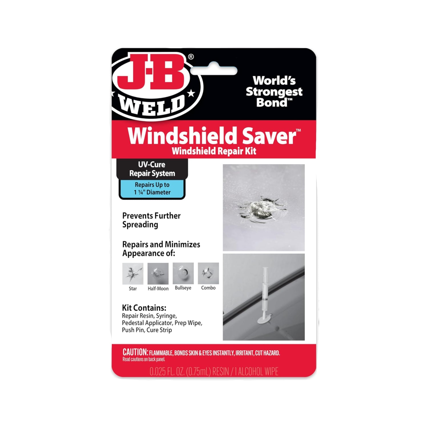 J-B Weld Windshield Saver Repair Kit with clear epoxy in a small 0.025 fl. oz tube, designed for windshield crack repairs