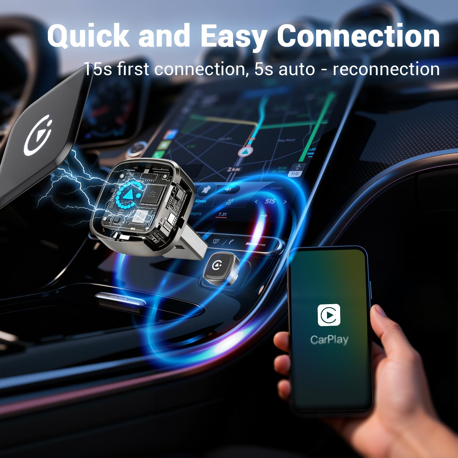 Pluvixa Wireless Carplay Adapter, Suitable for Vehicles Equipped by Pluvixa - Angle View 2