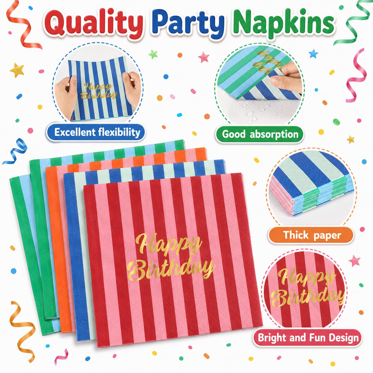 200Pcs Colorful Striped Birthday Party Supplies 7 Paper - Afniimyapt Official Imagery - 6