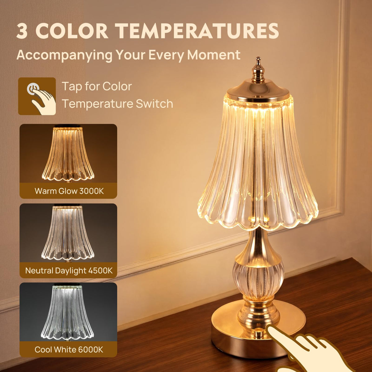 Gold Crystal Battery Operated Rechargeable Lamp Cordless - SisiHokai Official Imagery - 8