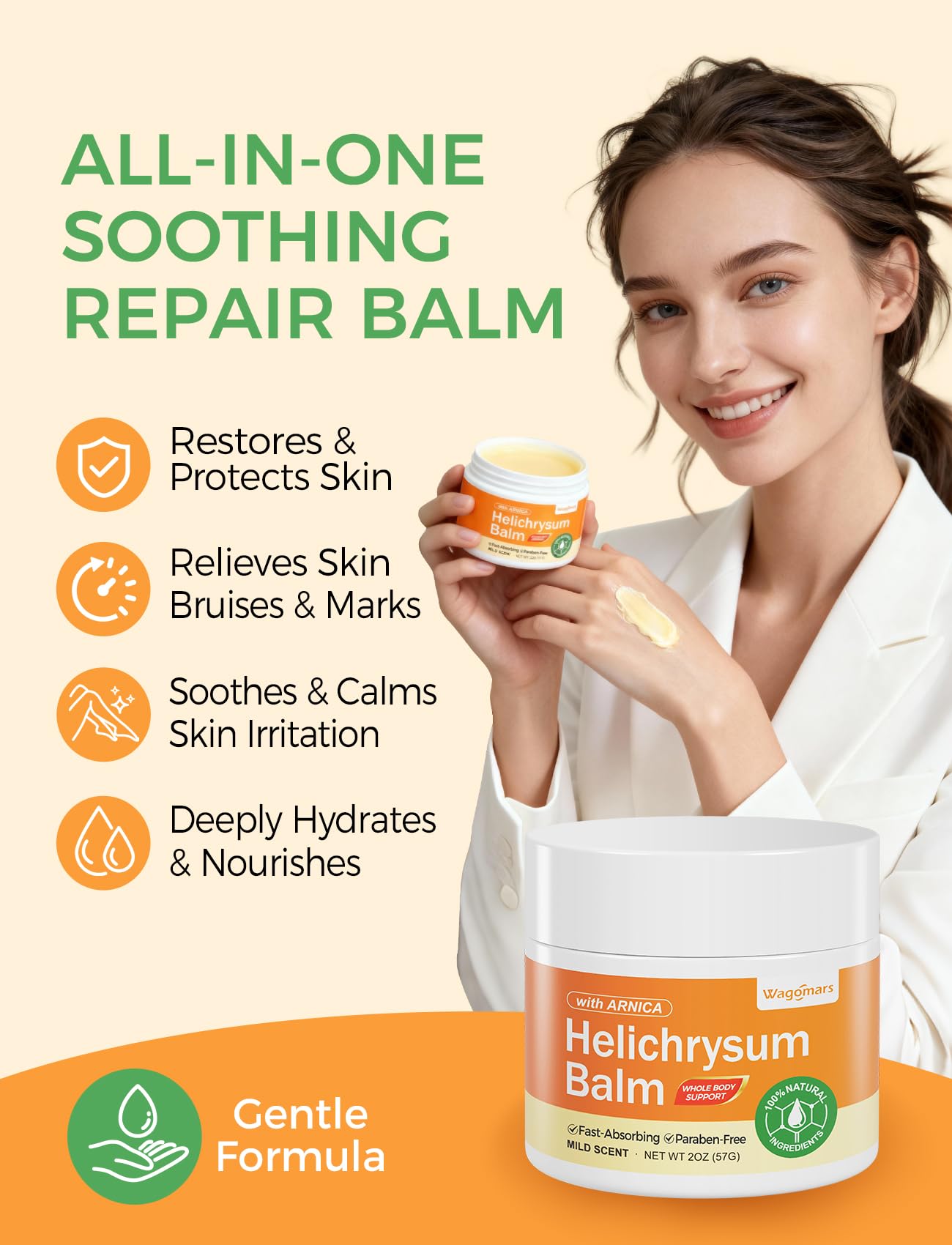 Wagomars Helichrysum Balm for natural skin repair and renewal, showing the 71g jar of skin care agent with herbal ingredients.