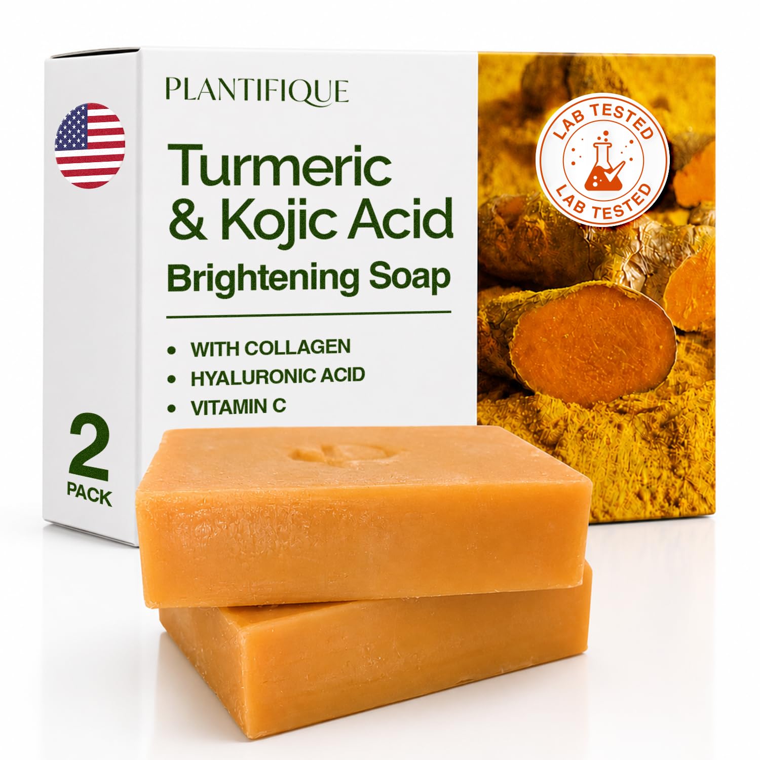 PLANTIFIQUE Kojic Acid and Turmeric Soap for Dark Spots, Lab - Product Imagery