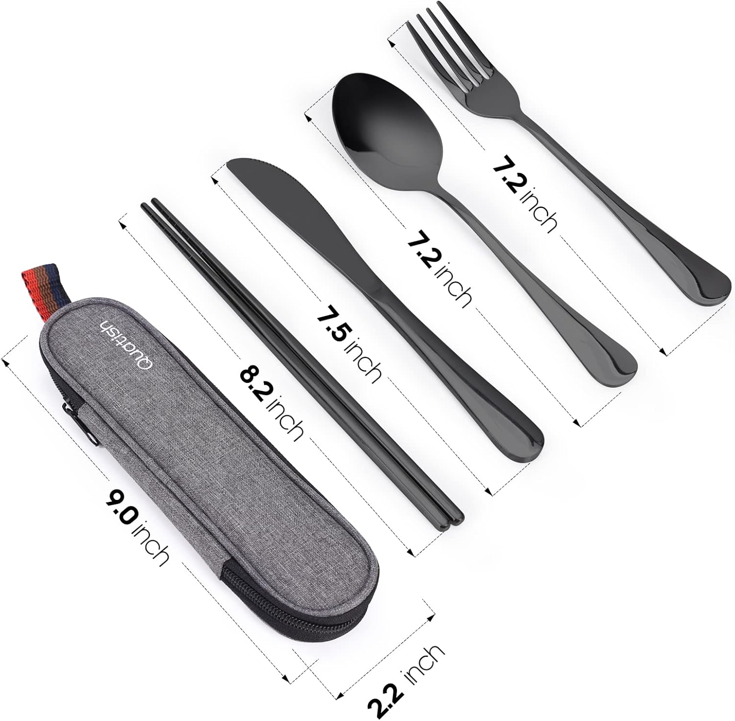 Quatish portable stainless steel travel utensils set with case, includes fork, knife, spoon, and chopsticks for work and travel.