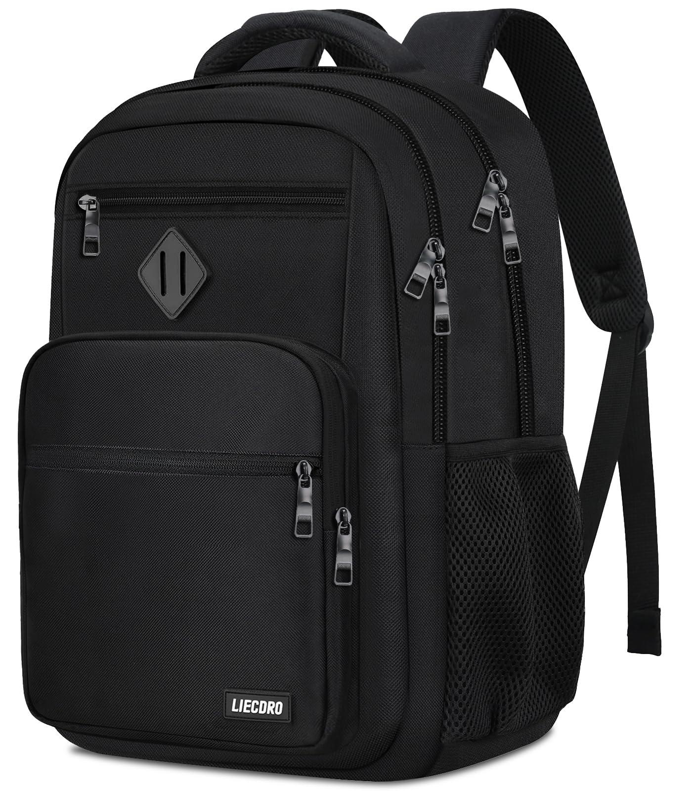 LIECDRO black backpack for men and teens with reinforced straps, fits 15.6-inch laptops, ideal for school, work, or travel.