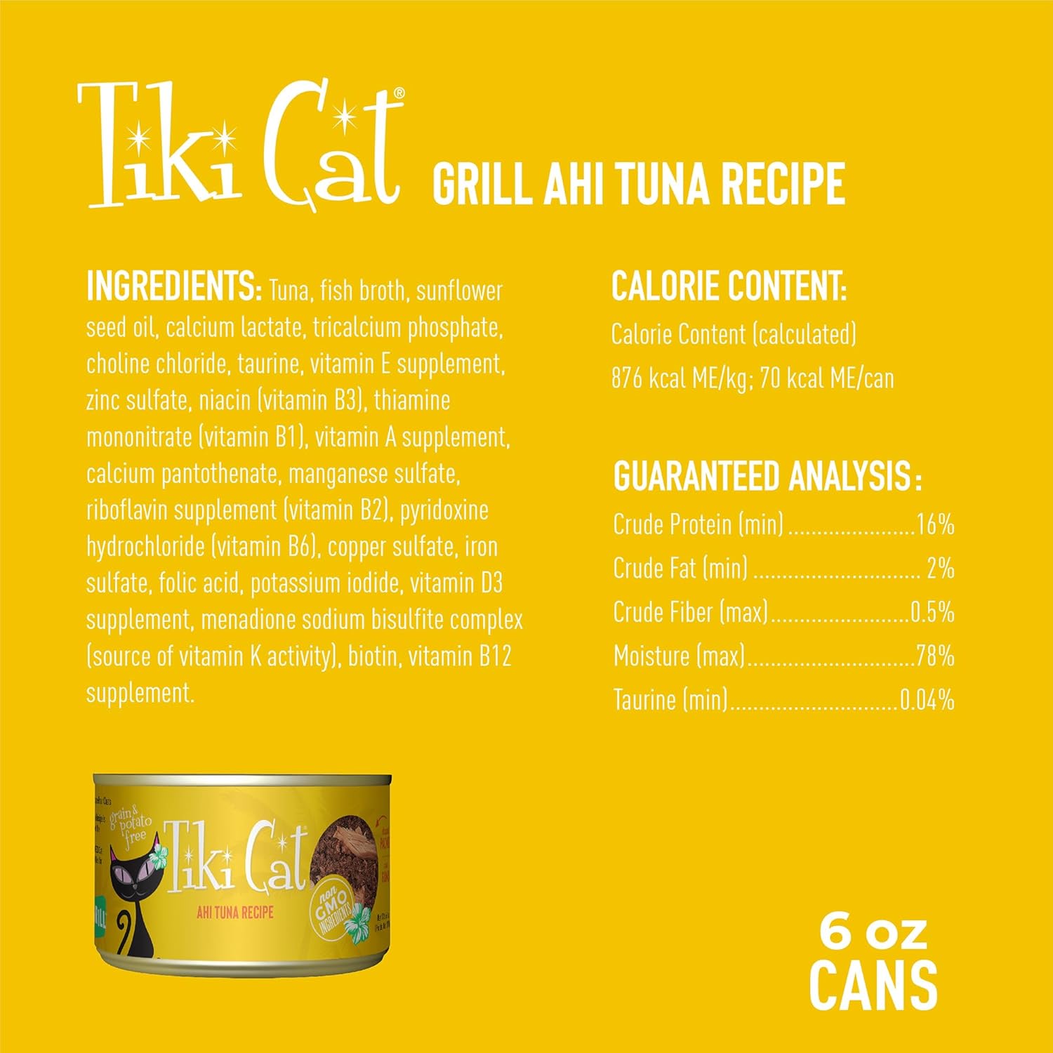 Tiki Cat Grill Ahi Tuna wet cat food in 6 oz. cans, high-protein, non-GMO ingredients, pack of 8, featuring colorful tuna can images.