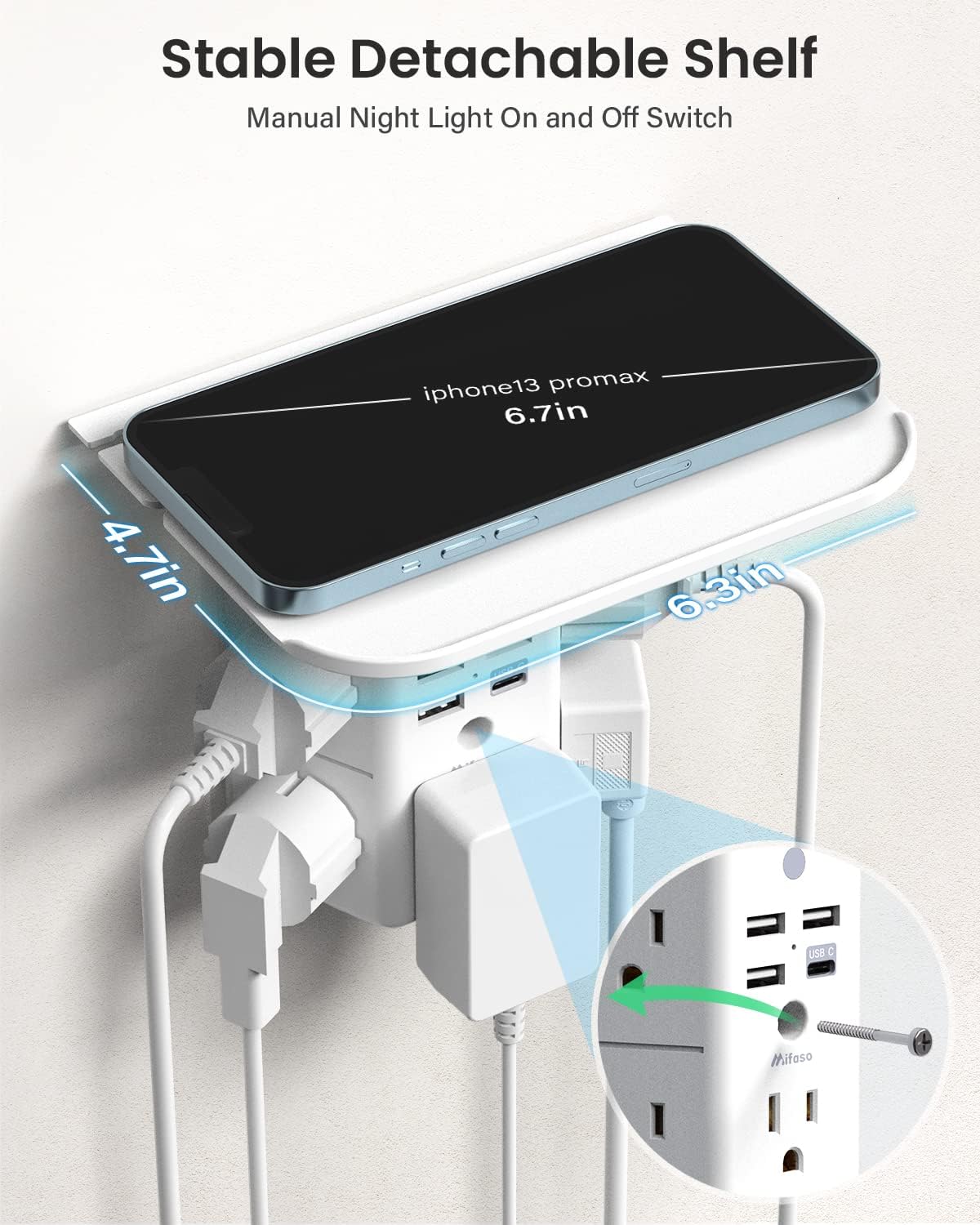 Mifaso Outlet Extender with Shelf and Night Light, 1800J Surge Pr - Mifaso Official Product View 5
