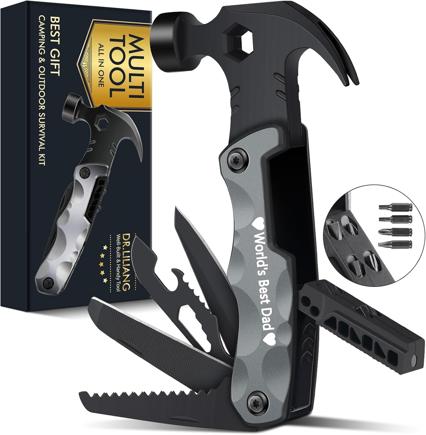 DR.LILIANG 13-in-1 hammer multitool with camping and survival tools, ideal for Father’s Day gift for men, husband, or grandpa.