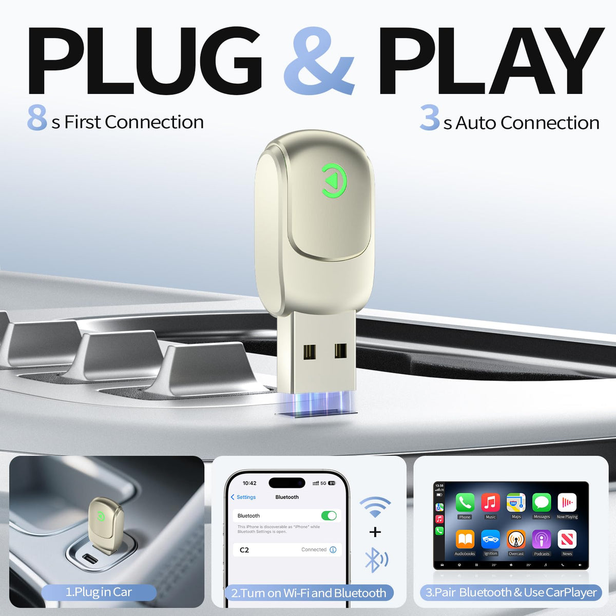 Mini Wireless CarPlay Adapter 2025 Upgrade Dual Band WiFi - VOESUD Official Imagery - 6