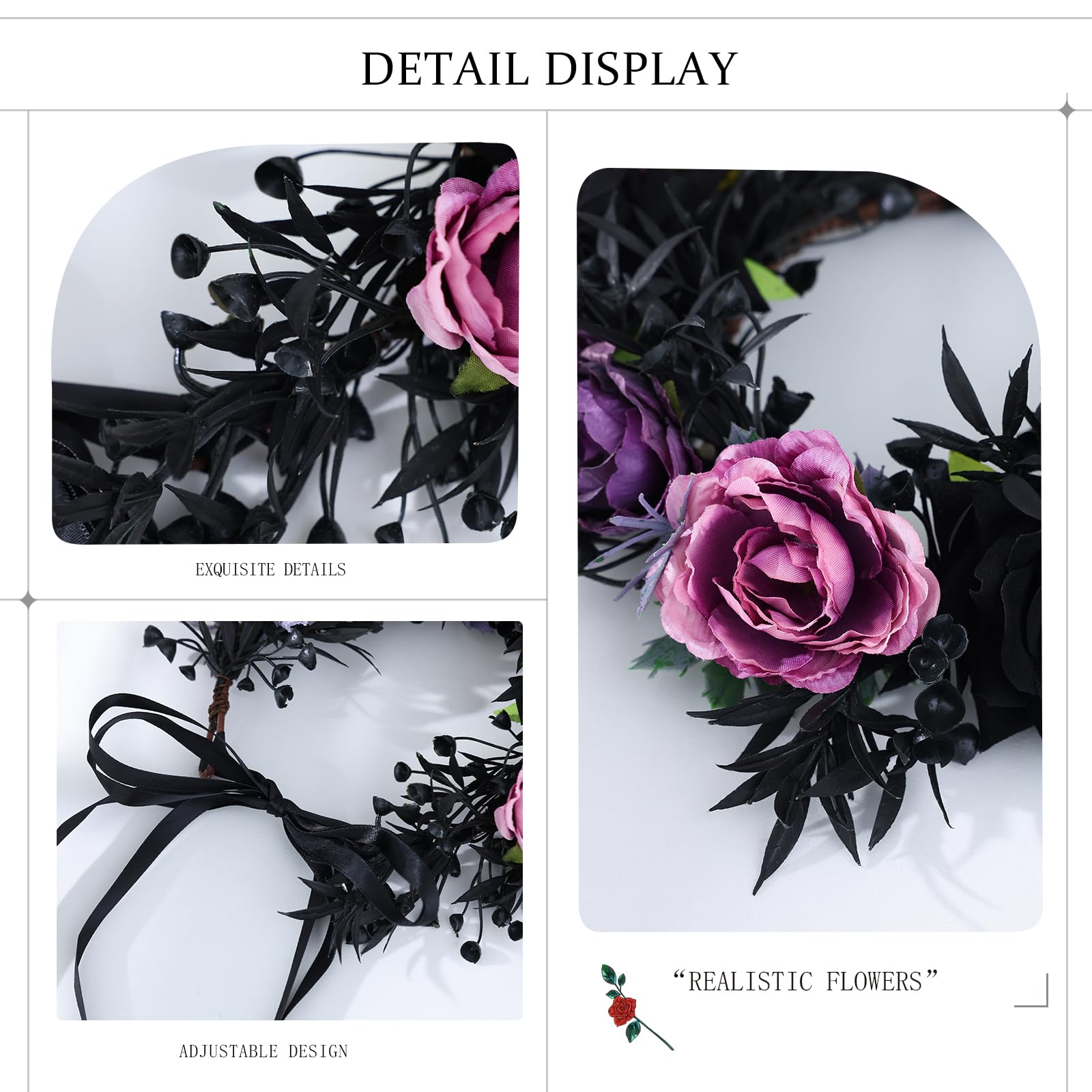 Black and purple gothic flower crown hairband with dark romantic roses, perfect for gothic or alternative fashion styles.