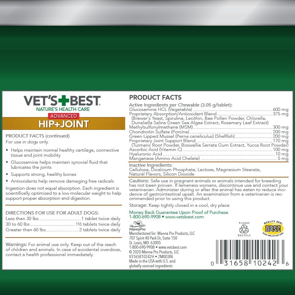 Vet's Best Advanced Hip & Joint Dog Supplements in 71g package, featuring glucosamine for supporting pet joint health.