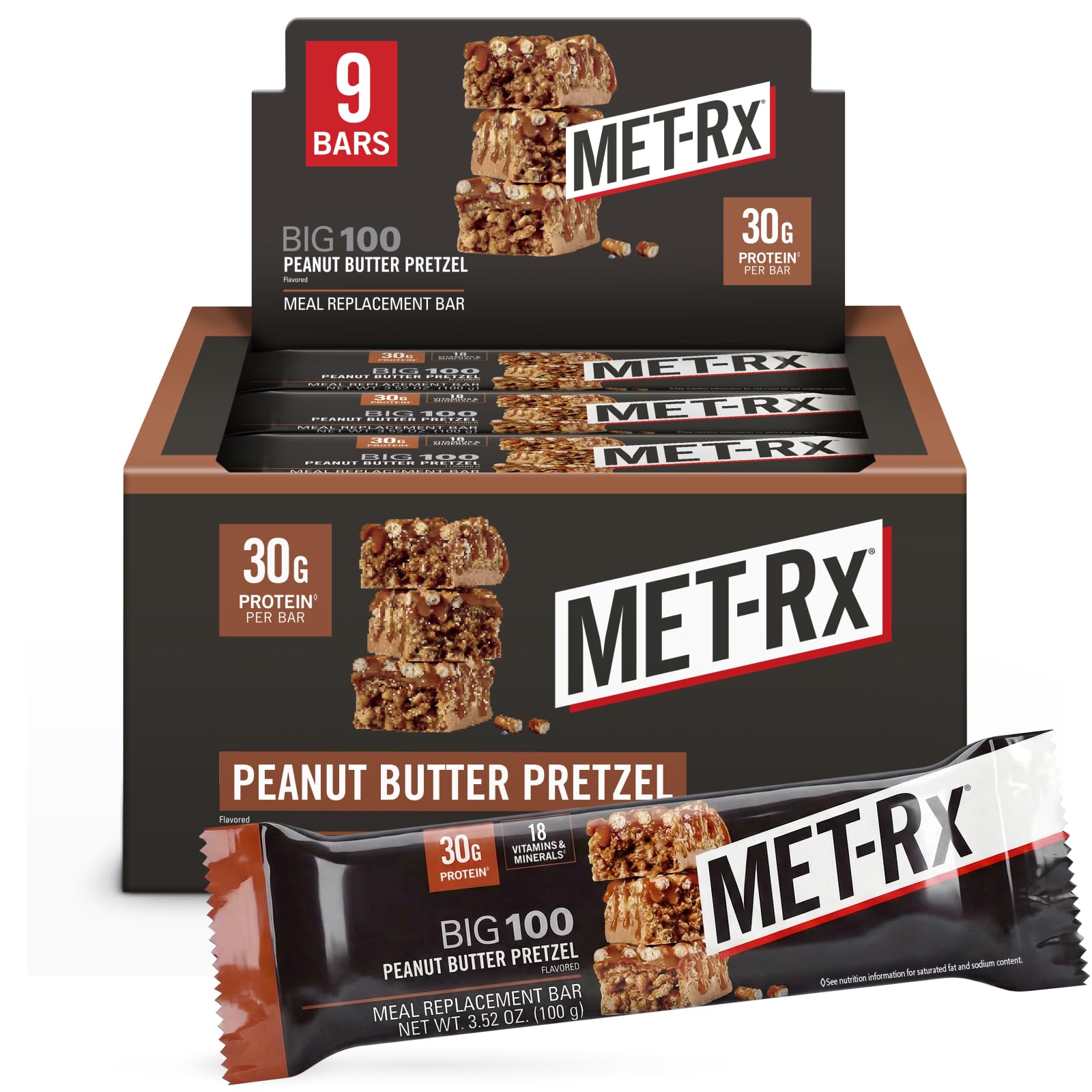 MET-Rx Big 100 Protein Bars, Peanut Butter Pretzel, 30g Protein, - MET-Rx Official Product View 2