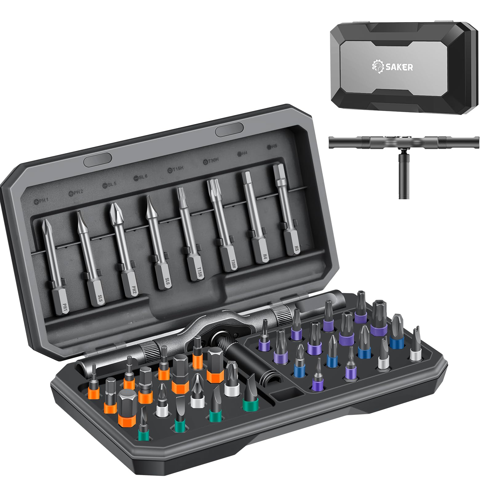 Saker 42-in-1 Magnetic Ratchet Screwdriver Set With T-Handle Grey - Saker Official Product View 1