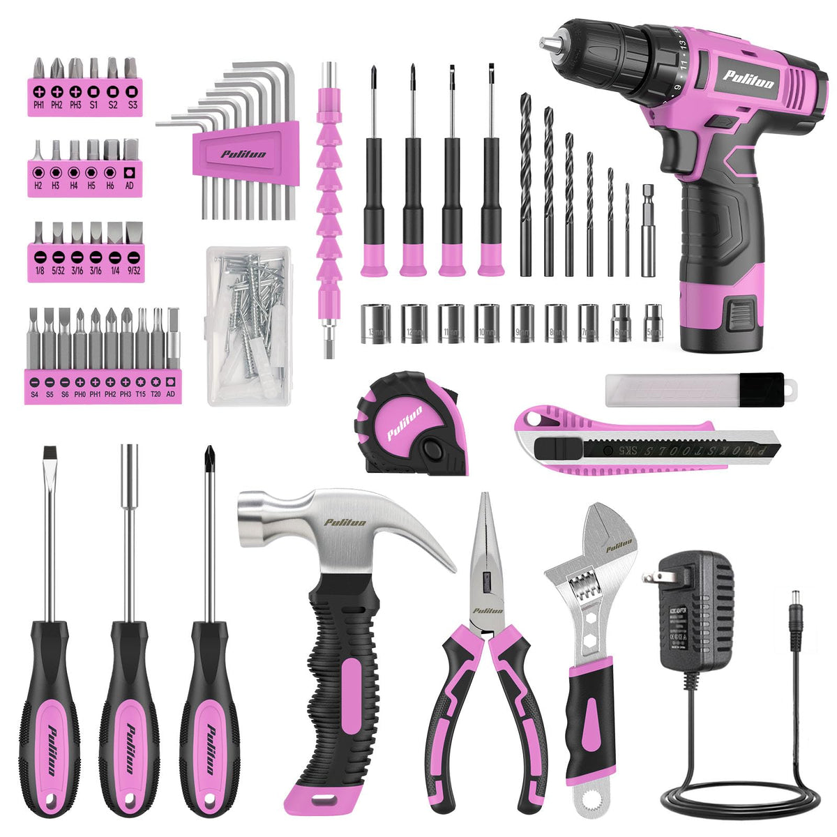 PULITUO Drill Set 149 Piece Home Tool Set with 12V Pink - PULITUO Official Imagery - 4