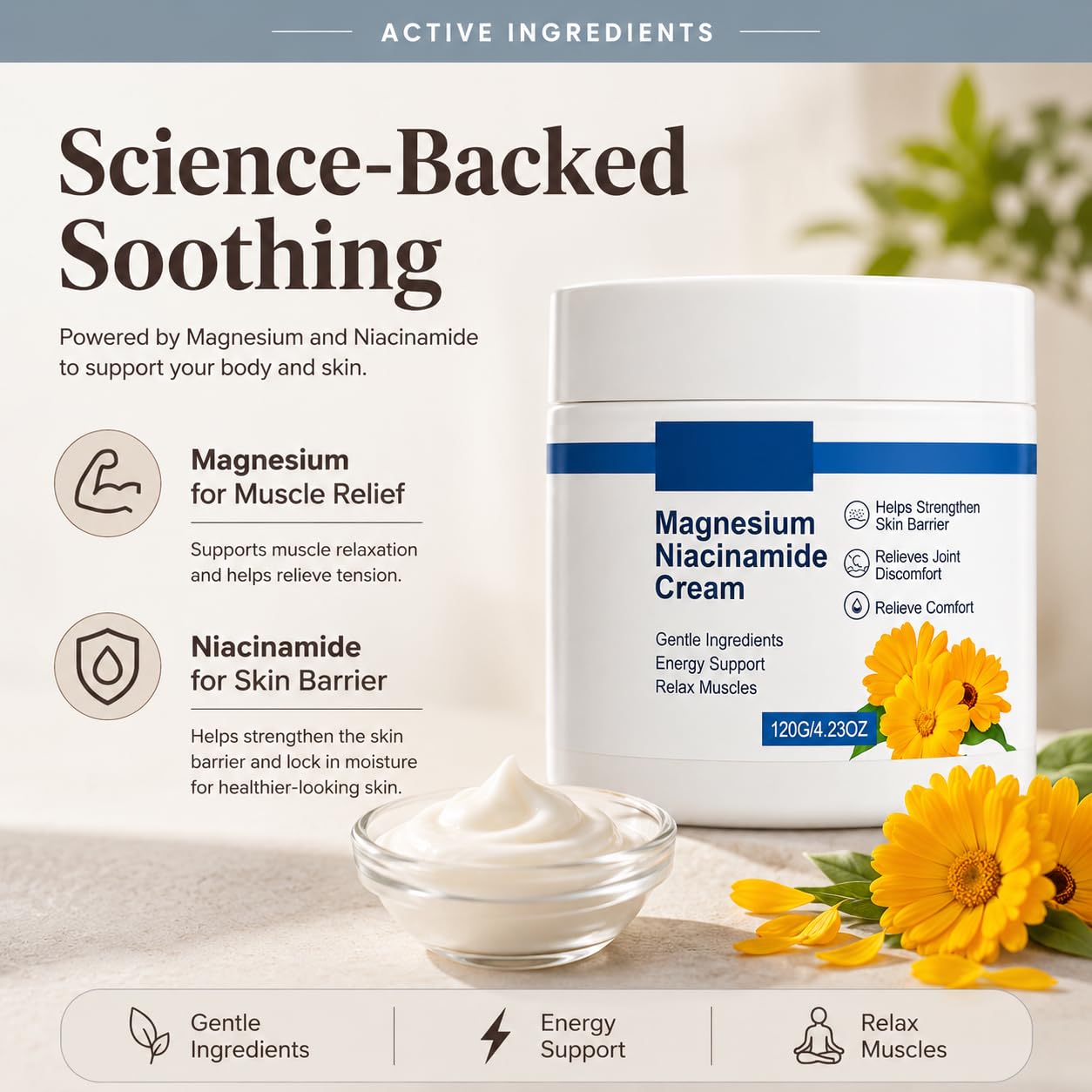 YASERDE Magnesium and Niacinamide Relief Cream 4oz, skin moisturizer with soothing ingredients, visible in the jar.