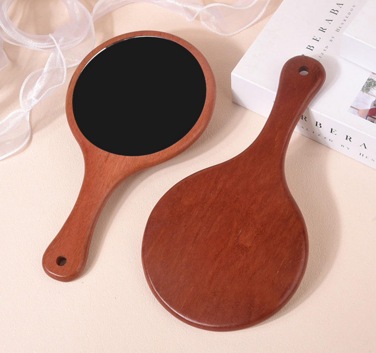 Solid Red Sandwood Handheld Mirror with Handle HD Crystal - URVIP Official Imagery - 3