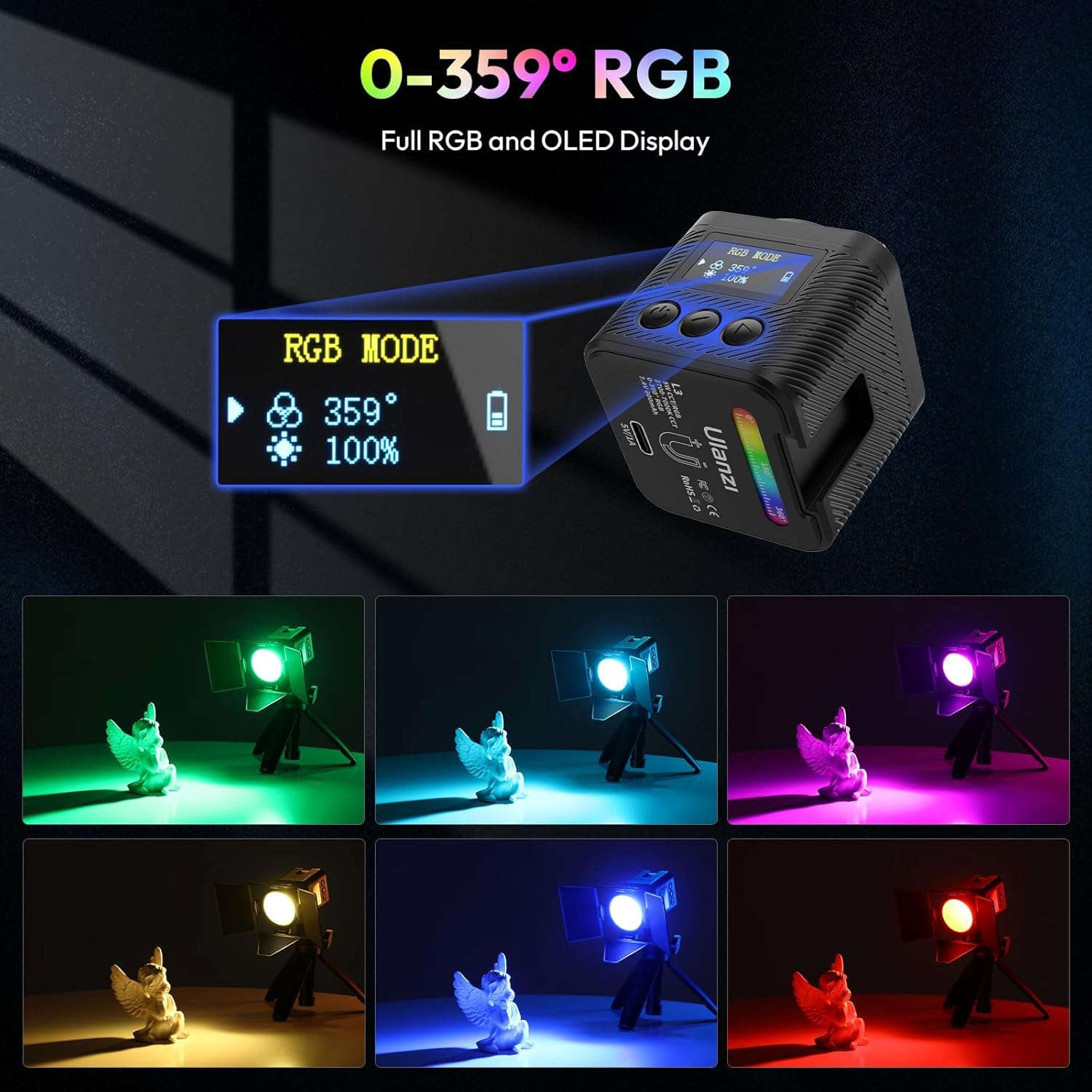 ULANZI L3 RGB LED video light with magnetic mounts, adjustable color temperature from 2700K to 7000K, compact camera lighting kit