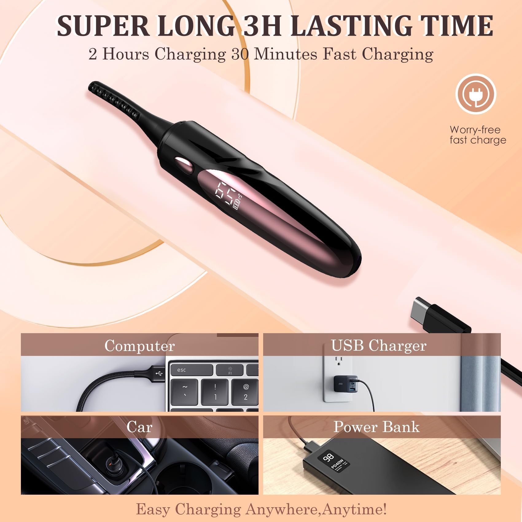 Gacavks electric heated eyelash curler in black with LED display, USB rechargeable, 4 heating modes, fast 10s heat-up, long-lasting hold