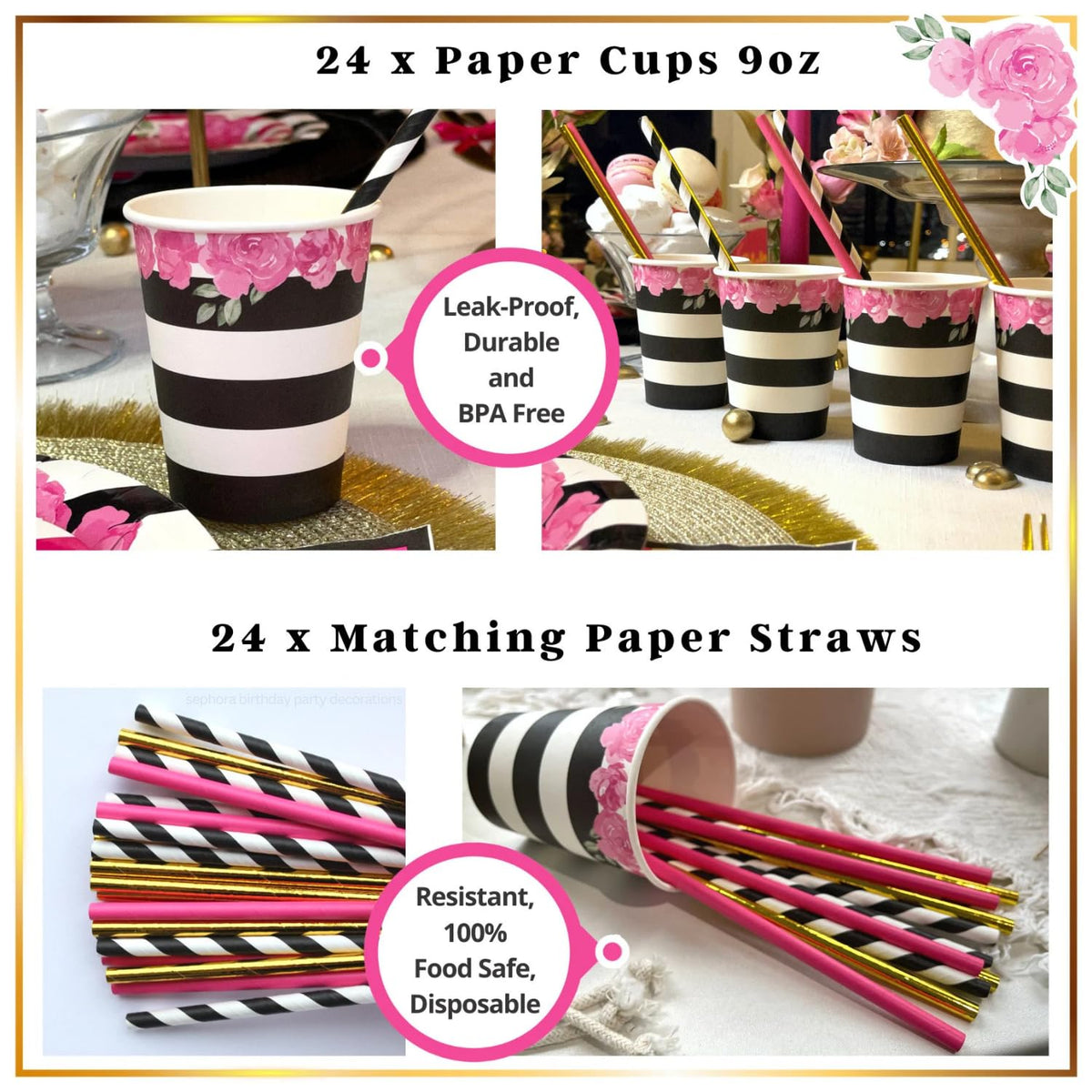 121 Pc Black and Pink Birthday Decorations Tableware Set - RainMeadow Official Imagery - 7