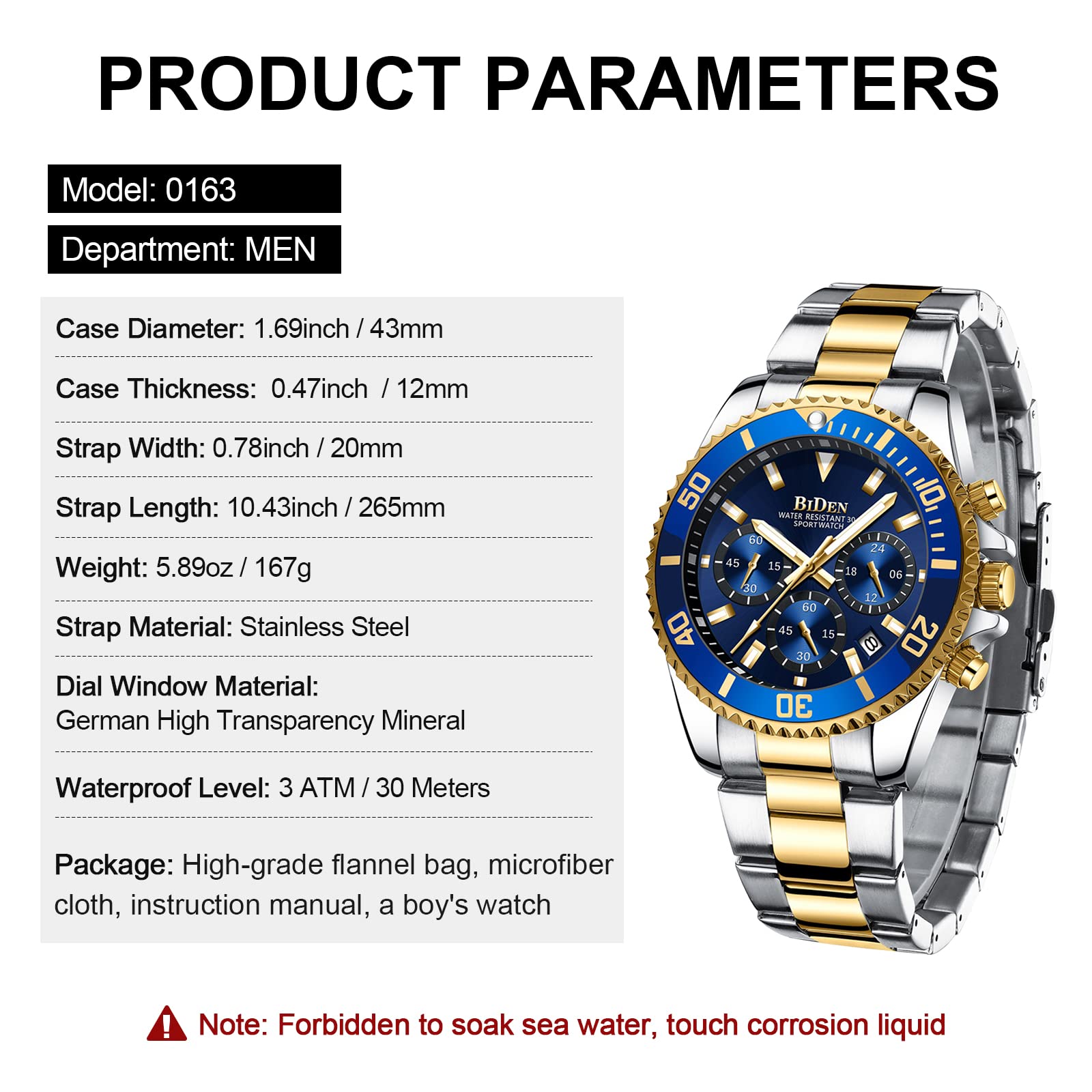 BIDEN Chronograph Men's Watch Gold Blue Steel