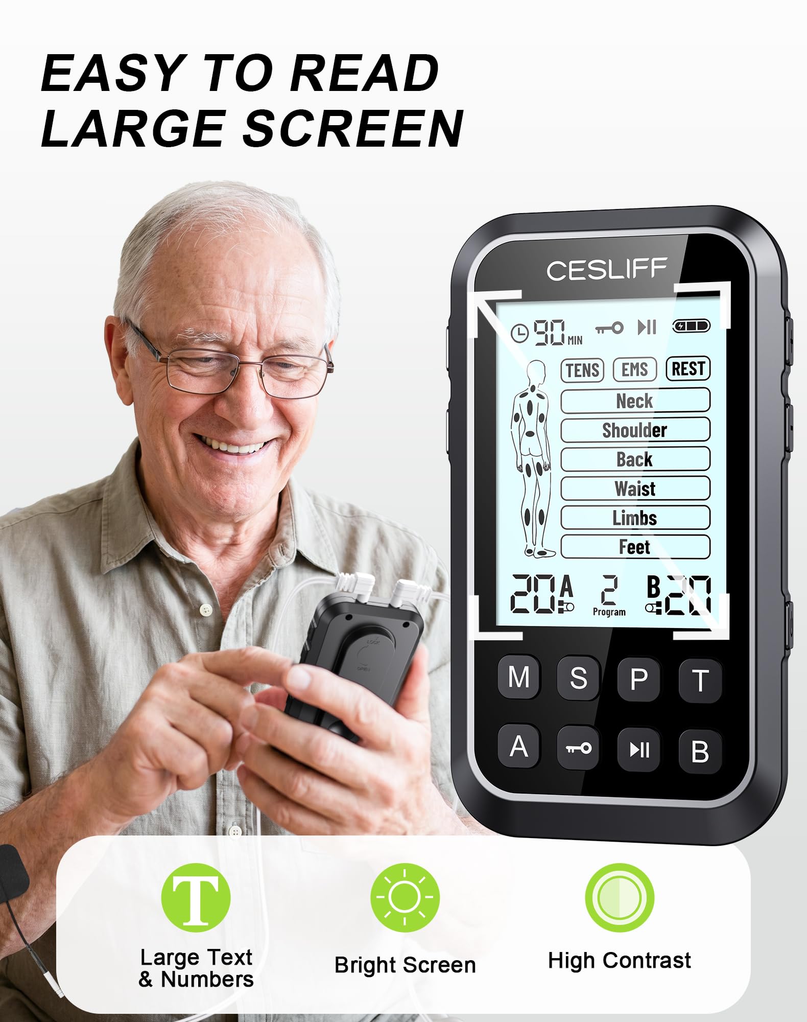 CESLIFF Dual Channel TENS Unit 3-in-1 Muscle Stimulator Machine with 36 Modes & 20 Levels for Shoulder, Back, Neck, Sciatica Pain Relief