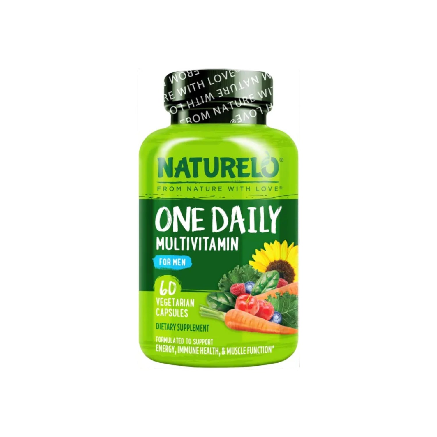 NATURELO men's multivitamin bottle with daily multivitamins for men's health, featuring colorful tablet packaging.