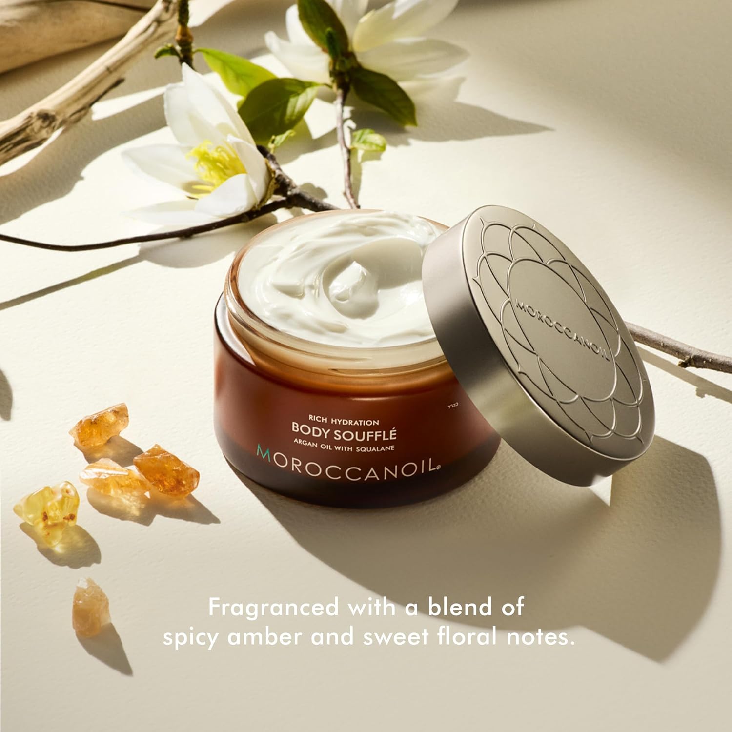Moroccanoil Body Soufflé Originale fragrance in a 6.7 oz jar, with a creamy, luxurious texture and elegant packaging.