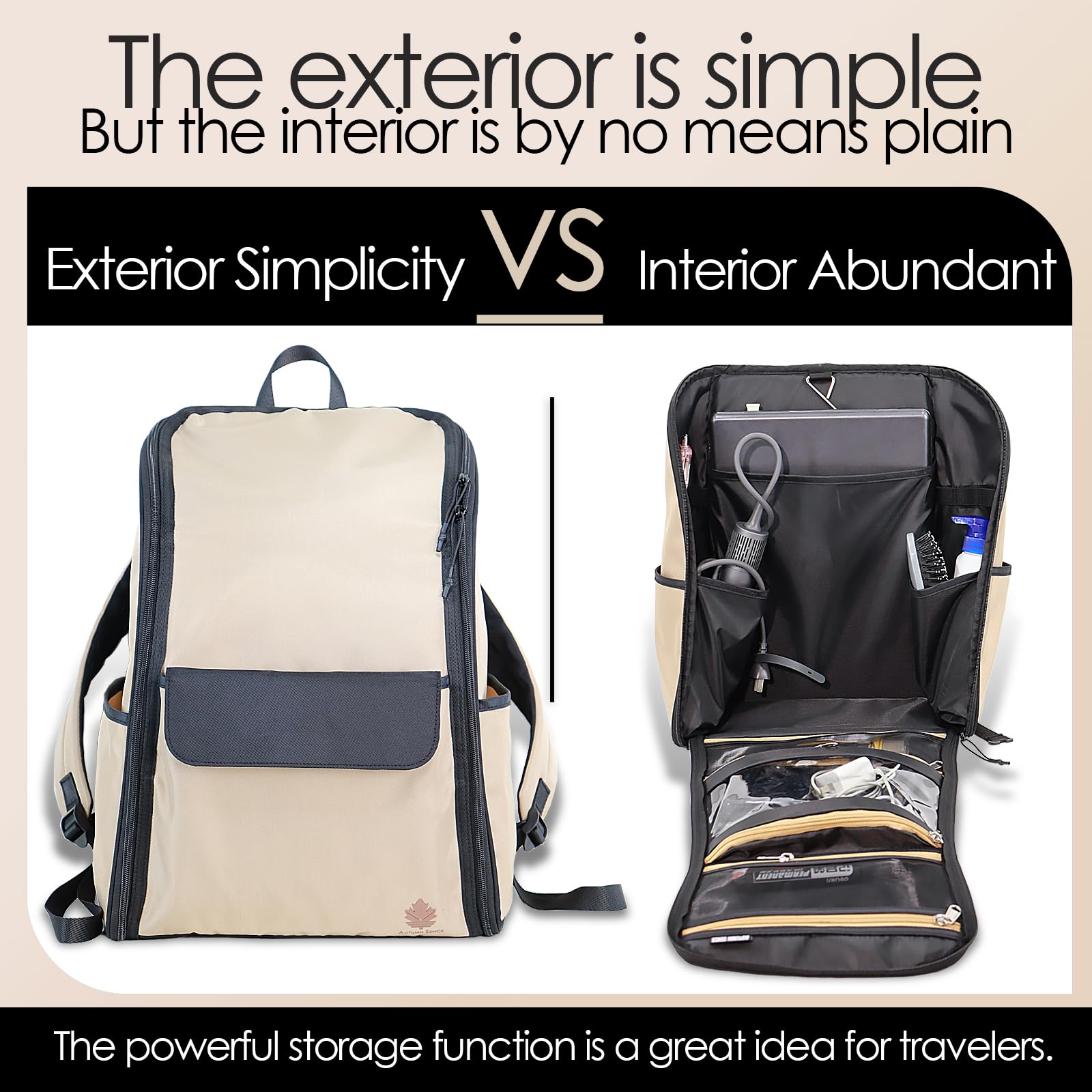 Autumn Sence khaki travel backpack with large hanging toiletry organizer, water-repellent hygiene bag, and multiple compartments.