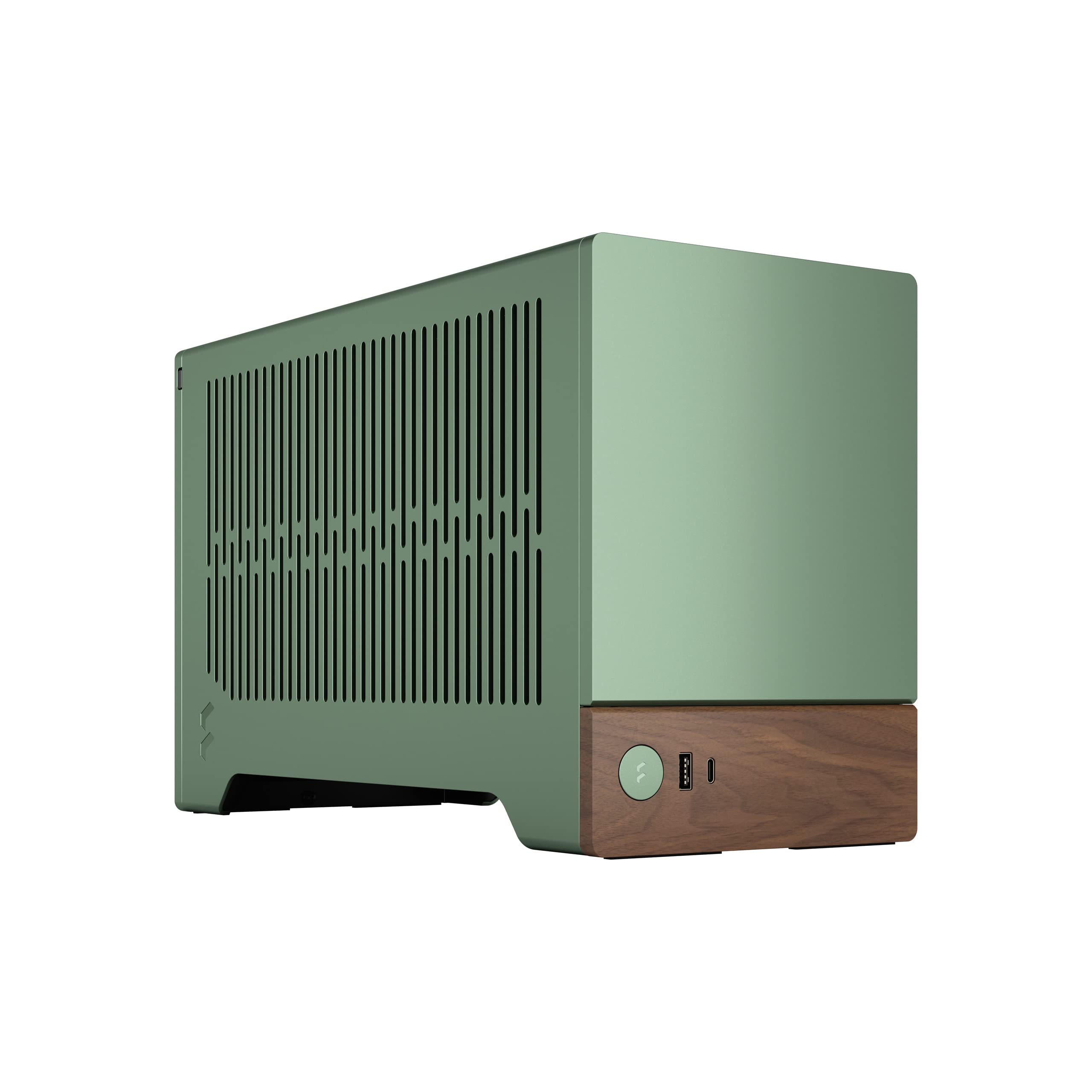 Fractal Design Terra Jade mini ITX gaming computer chassis with walnut wood front panel and anodized aluminum sides.