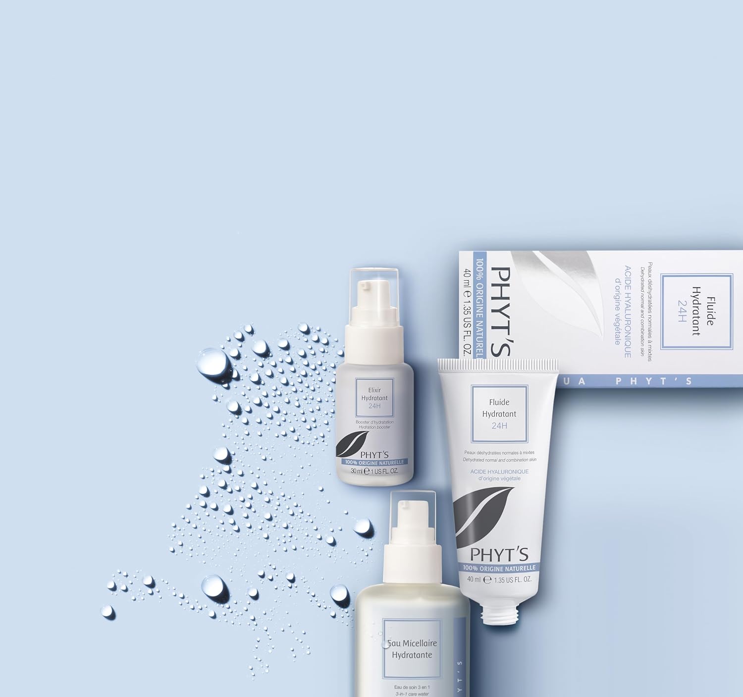 Phyts 24H Moisturizing Fluid with aloe vera extract in a 71g bottle, featuring a pump dispenser and clear label.