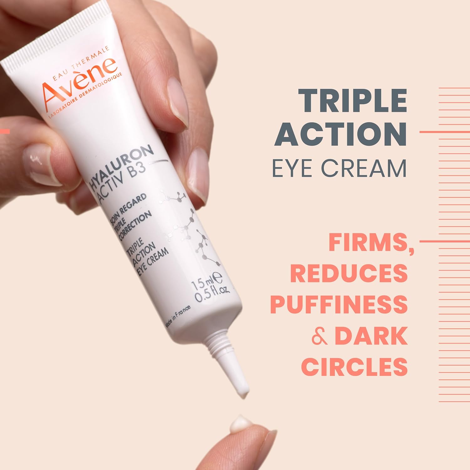 Avène Hyaluron Activ B3 triple correction eye cream in a 0.5 oz jar, showcasing the skincare product with a clean design.