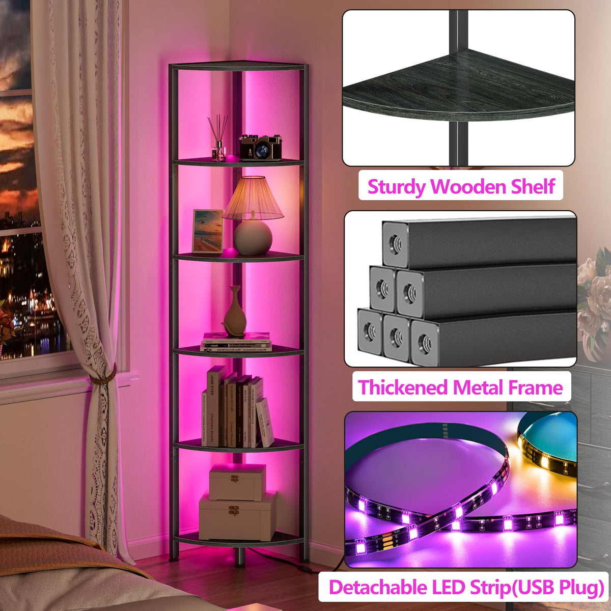 6 Tier Corner Shelf with LED Light 67 5 Black Narrow - Furnulem Official Imagery - 7