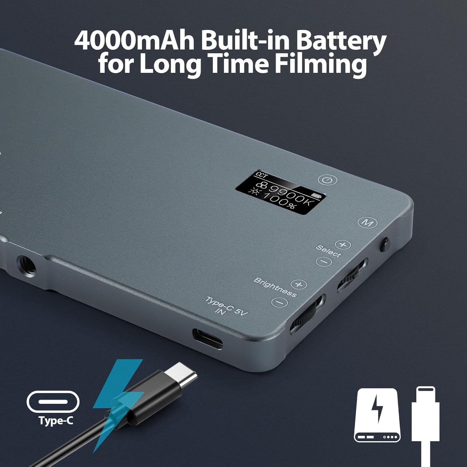 ENEGON 4000mAh rechargeable mountable bicolor LED video light with adjustable brightness for filming and photography.