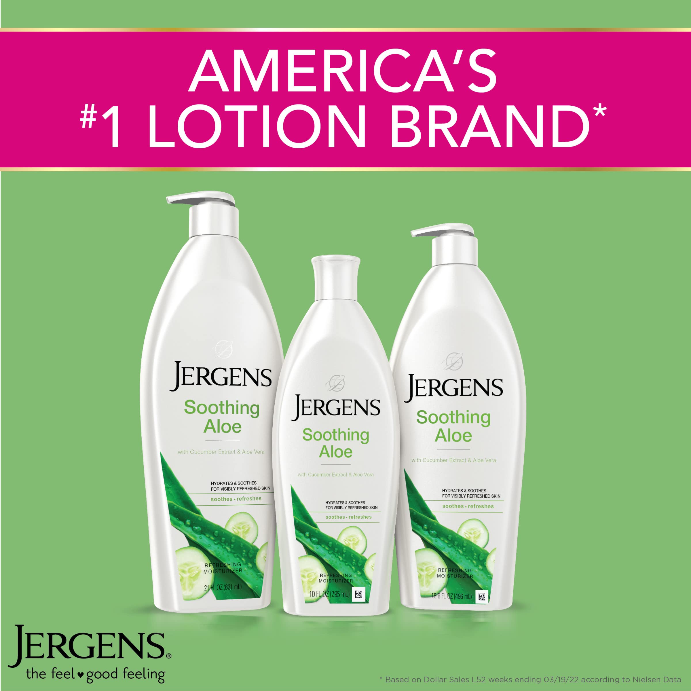 Jergens Soothing Aloe body moisturizer in 21 fl oz bottle, designed for dry skin relief with soothing aloe ingredients.