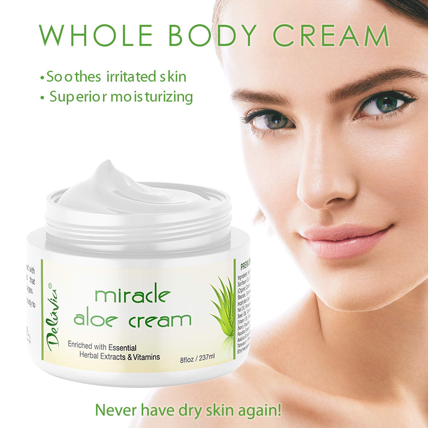 Deluvia Miracle Aloe Cream | Face & Body Moisturizer with Vitamin E & Organic Aloe Vera | Hydrating, Soothing for Dry Skin, Anti-Wrinkle, Acne Scars, Rosacea, Psoriasis, Eczema - 8 oz - DELÚVIA Official Product View 9
