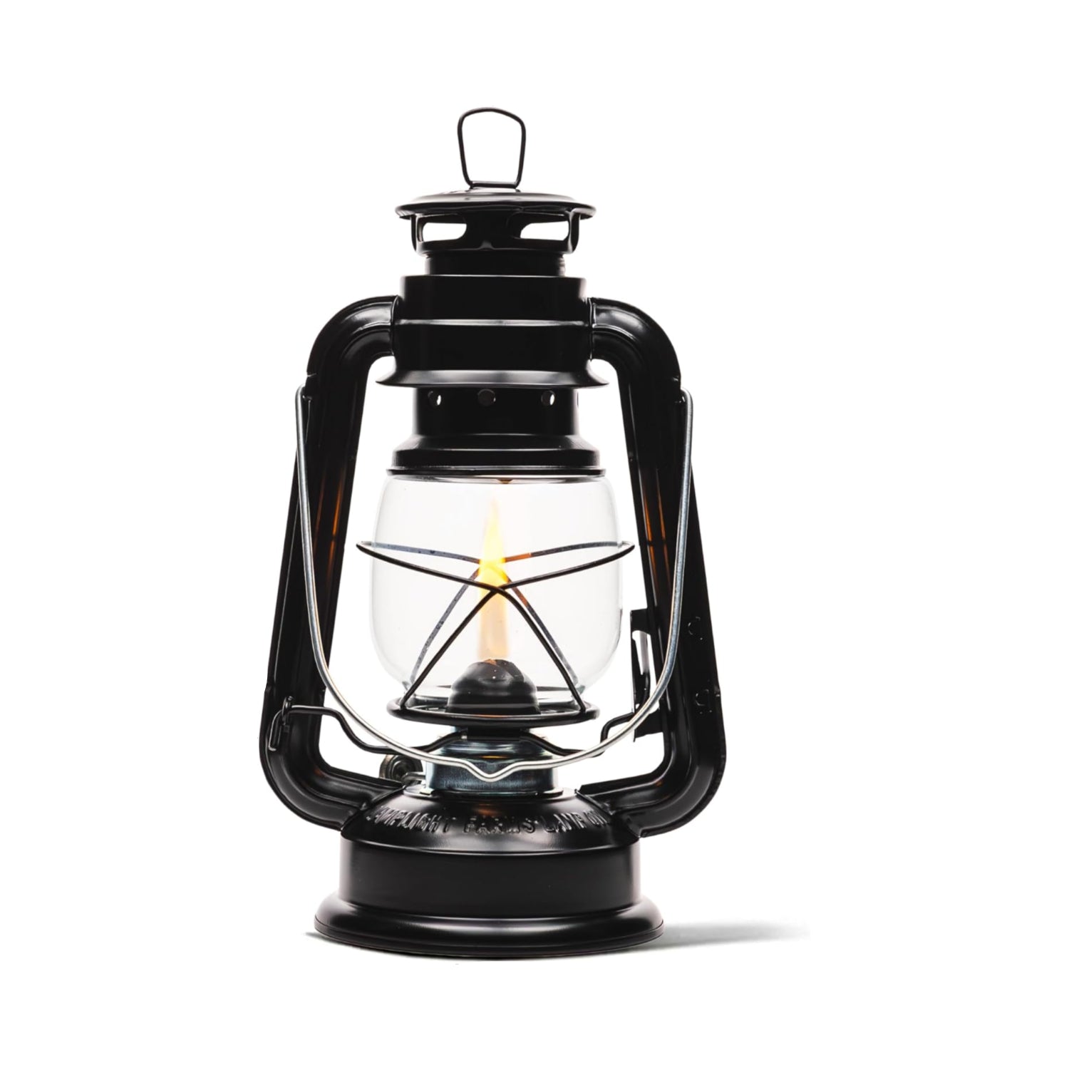 Lamplight large paraffin oil hurricane lamp with glass enclosure, indoor lighting, and emergency kit components visible inside.