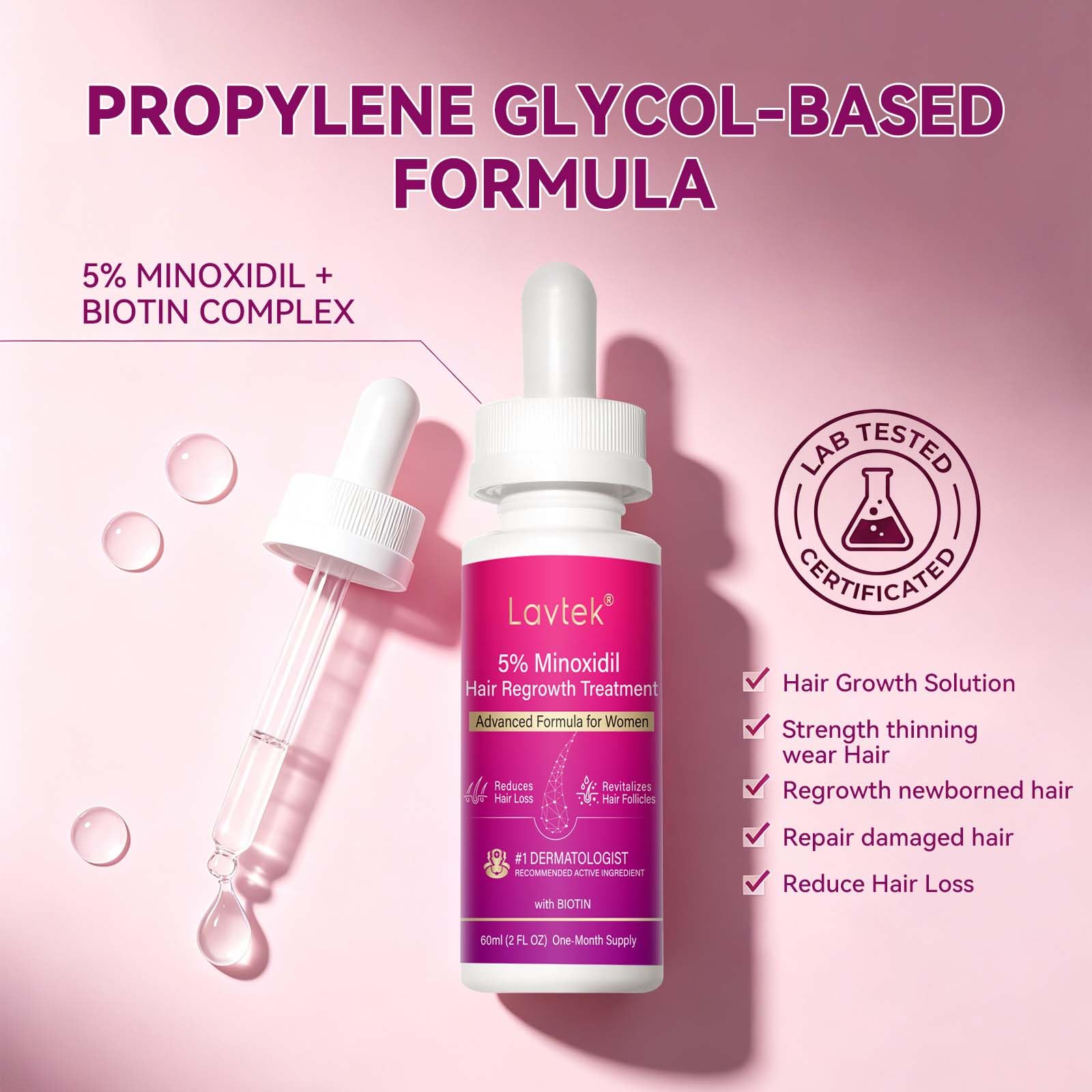 Lavtek 5% Minoxidil Hair Growth Women, Minoxidil Hair Growth Serum with Biotin - Lavtek Official Product View 4