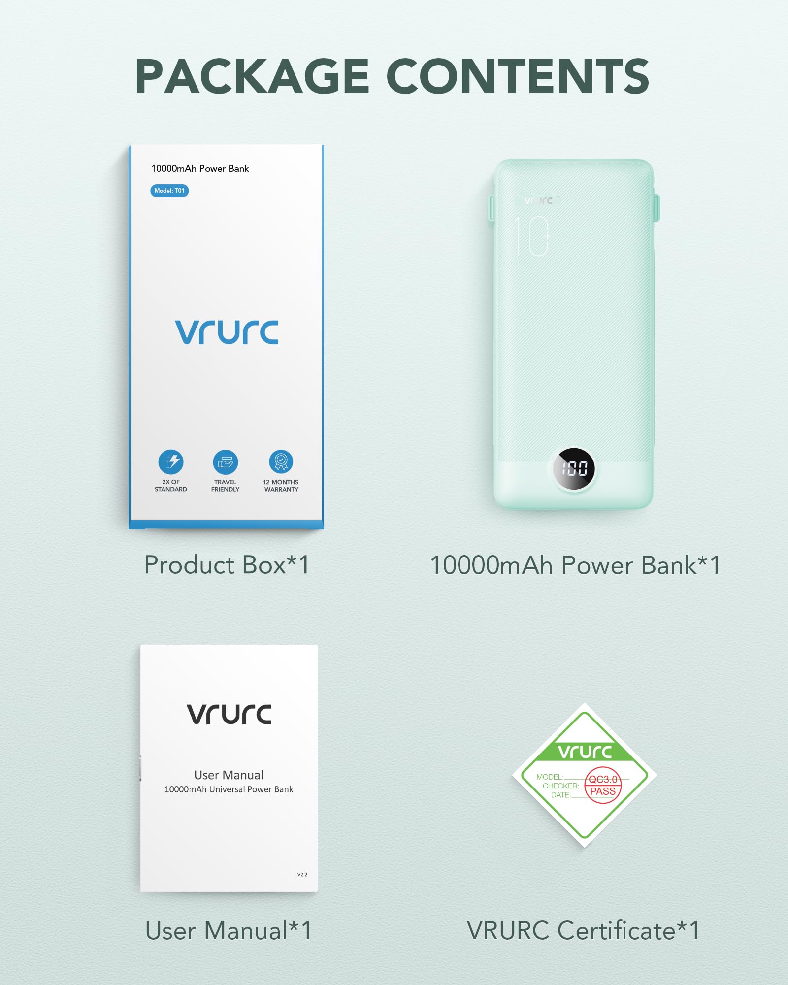 VRURC Portable Charger Built-in Cables and AC Wall Plug, USB C Po - VRURC Official Product View 8
