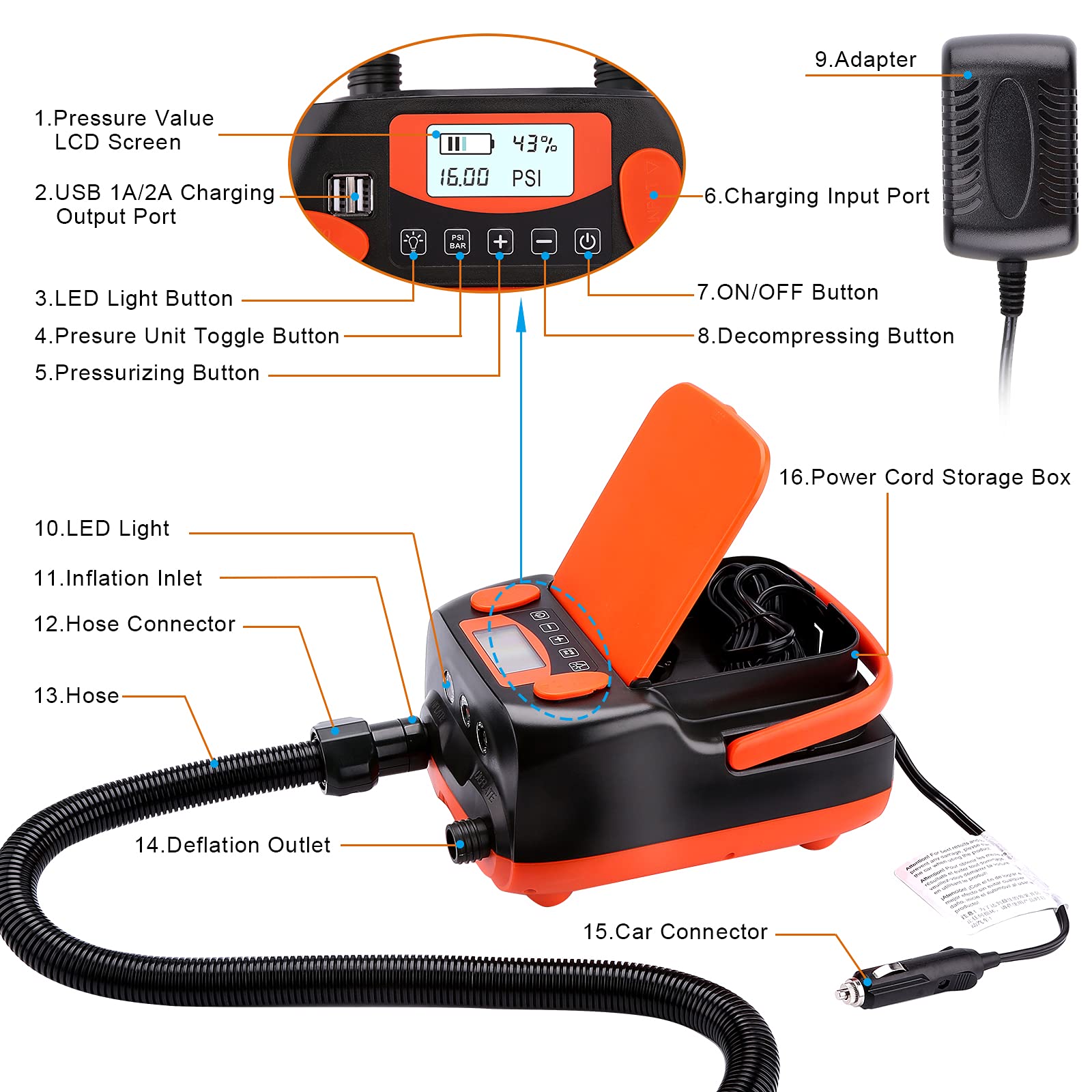AGPTEK Electric Air Pump Digital 16PSI 12V Rechargeable SUP Compressor - View 7